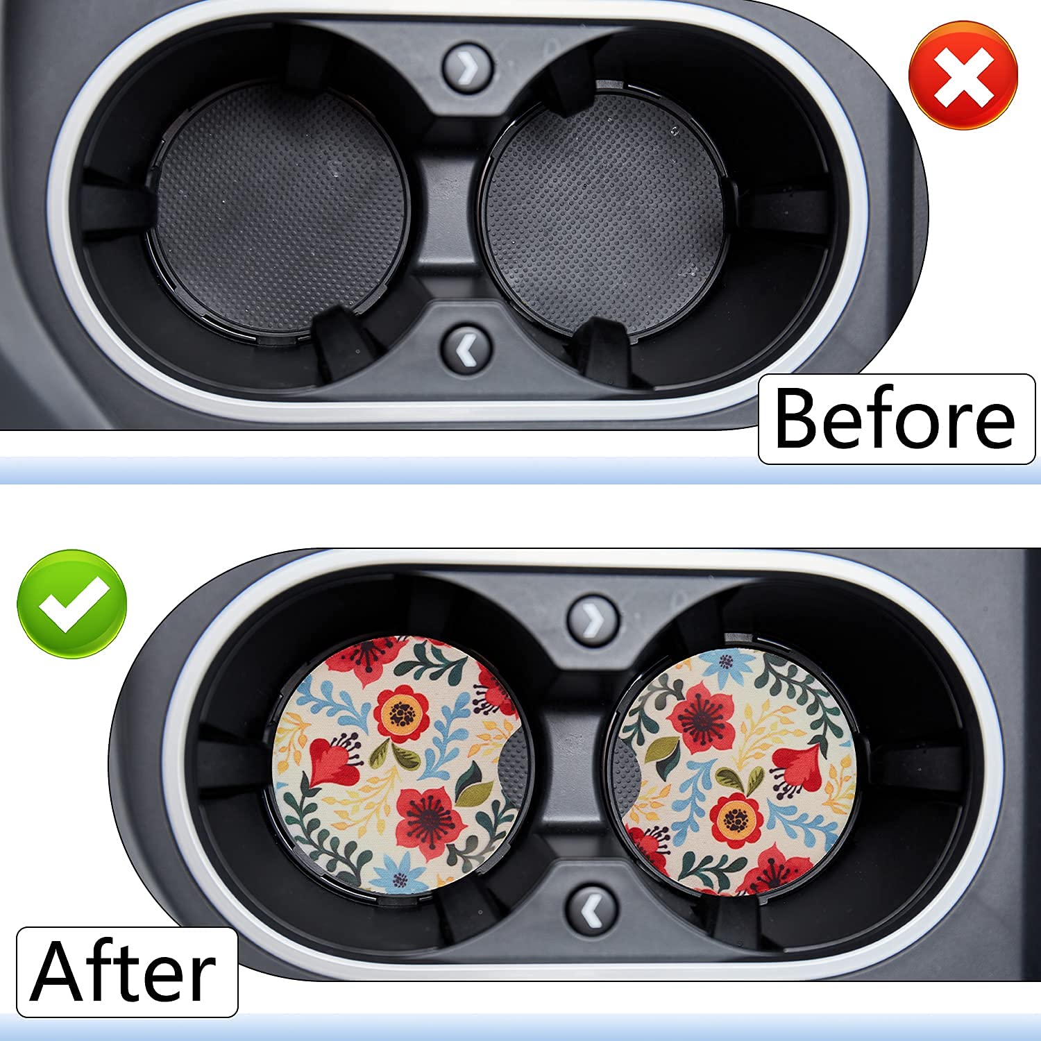 Jupswan Car Coaster for Cupholder,2 Pack Floral Car Decals Cup Coaster Must Have Car Accessories Car Finds Tiktok for Women Men,