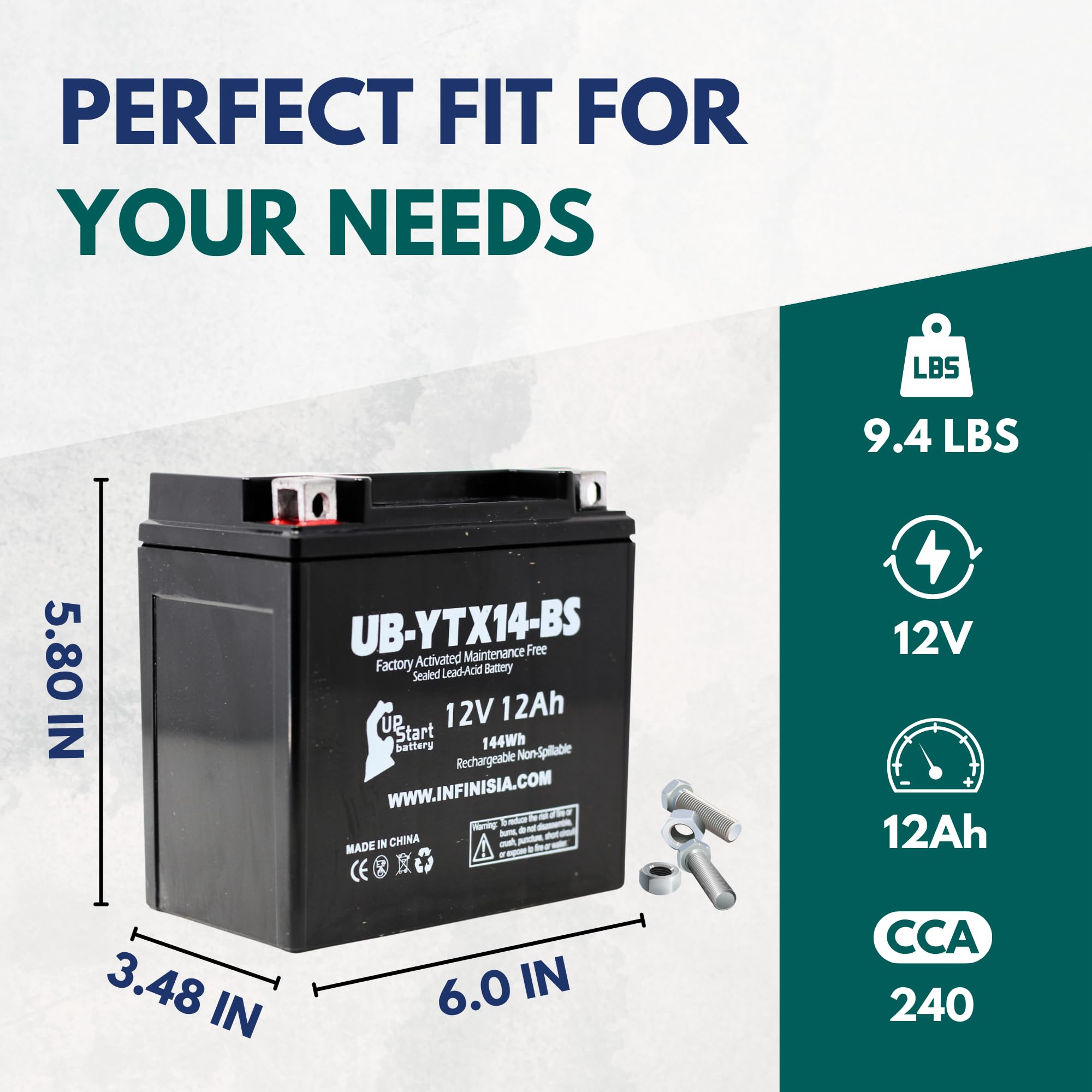 Ytx14-Bs Battery - Motorcycle Battery, Atv Battery 12V 12Ah, Utv, 4 Wheeler, Snowmobile, Powersports Batteries - Compatible With Honda Rancher 350, Buell Blast, Yamaha - Sealed Lead Acid 12 Volt Agm