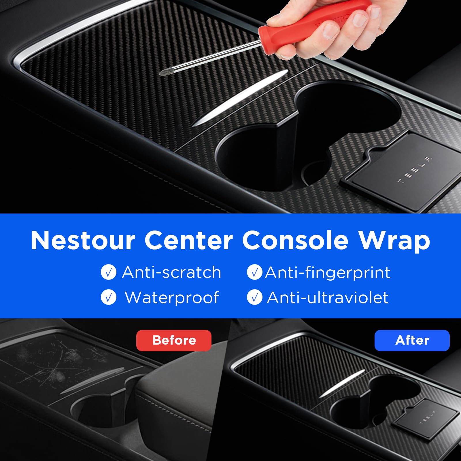 Nestour 2021 2022 2023 Tesla Model 3 Model Y Center Console Wrap Cover Kit, Ultra Slim, Non-Trace Remove Center Console Protecto