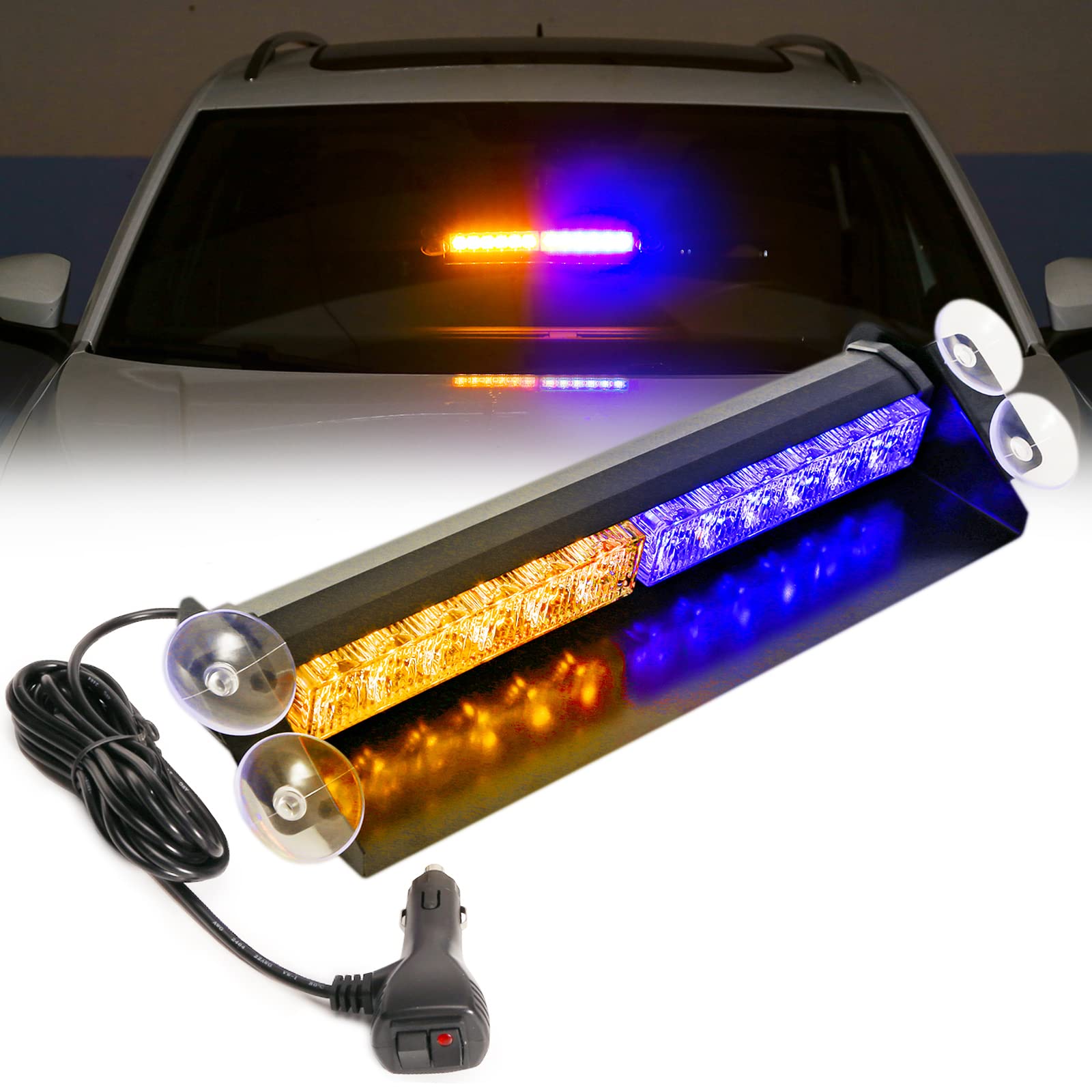 Booyu 14.8In Led Windshield Emergency Strobe Dash Light Bar 12/24V Interior Visor Deck Flashing Hazard Safety Warning Lights For Police Law Enforcement Pov Trucks Vehicles [Amber/Blue][12 Leds][18W]