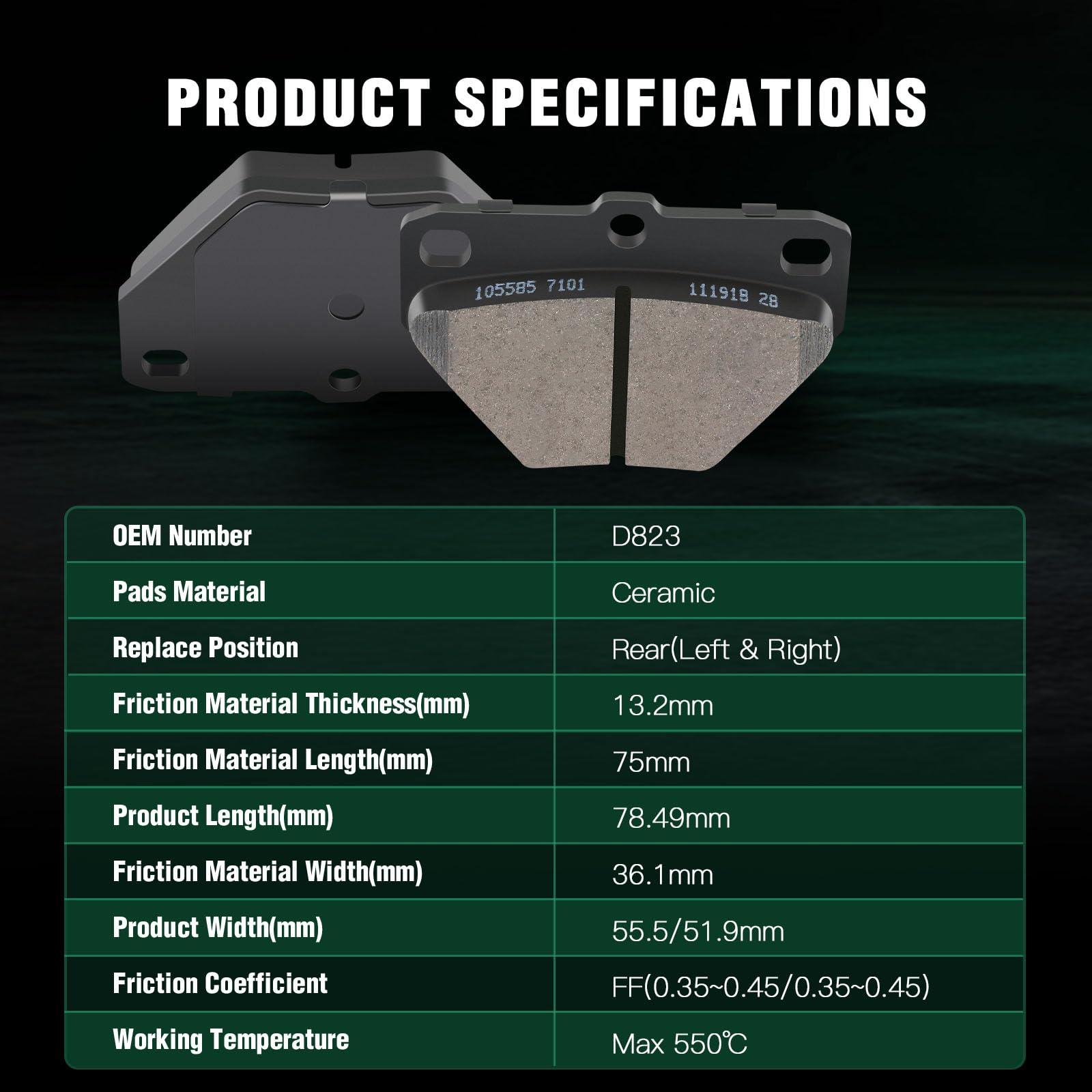 Automuto 4Pcs Rear Ceramic Disc Brake Pads Set D823 For Pontiac Vibe 2003-2006, For Toyota Celica 2000-2005, For Corolla 2005-20