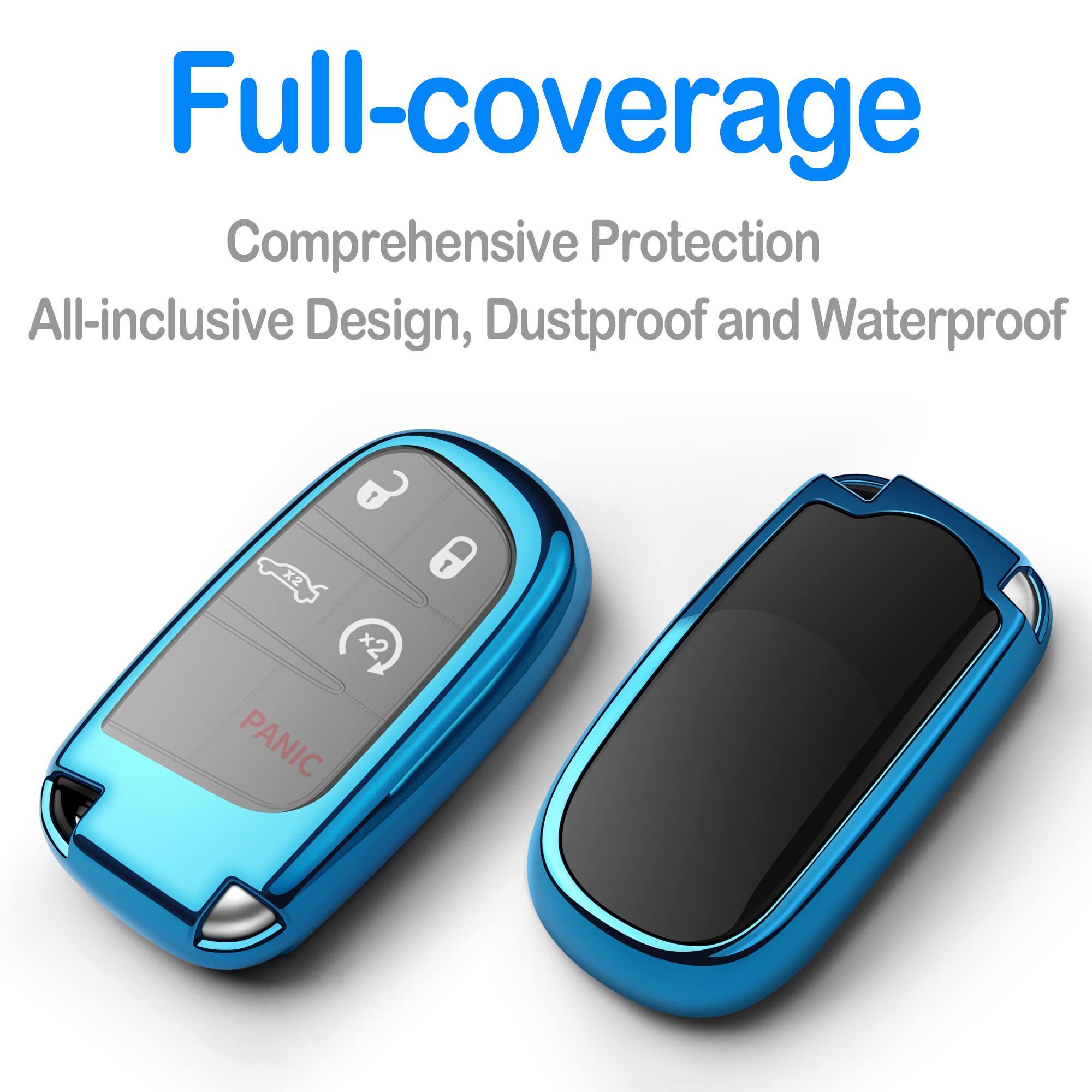 Compatible With Jeep Key Fob Cover With Leather Keychain Soft Tpu Protection Key Case For Grand Cherokee Renegade Chrysler 200 300 Dodge Ram Durango Challenger Journey Dart Fiat Smart Key,Blue