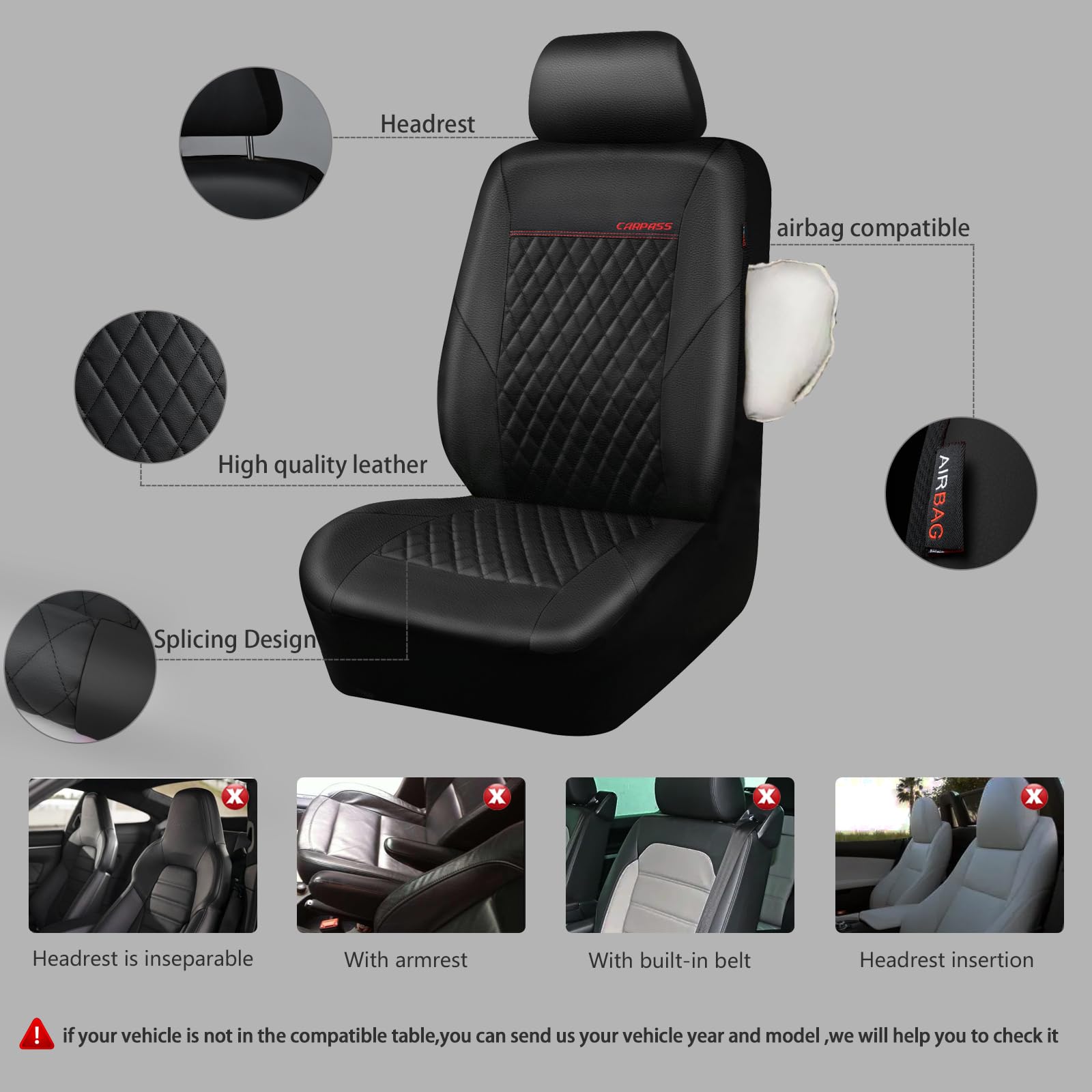 Car Pass Quilting Leather Seat Cover Two Front Seats Only, Universal Fit Automotive Front Seat Covers Waterproof Deluxe Pu Premi