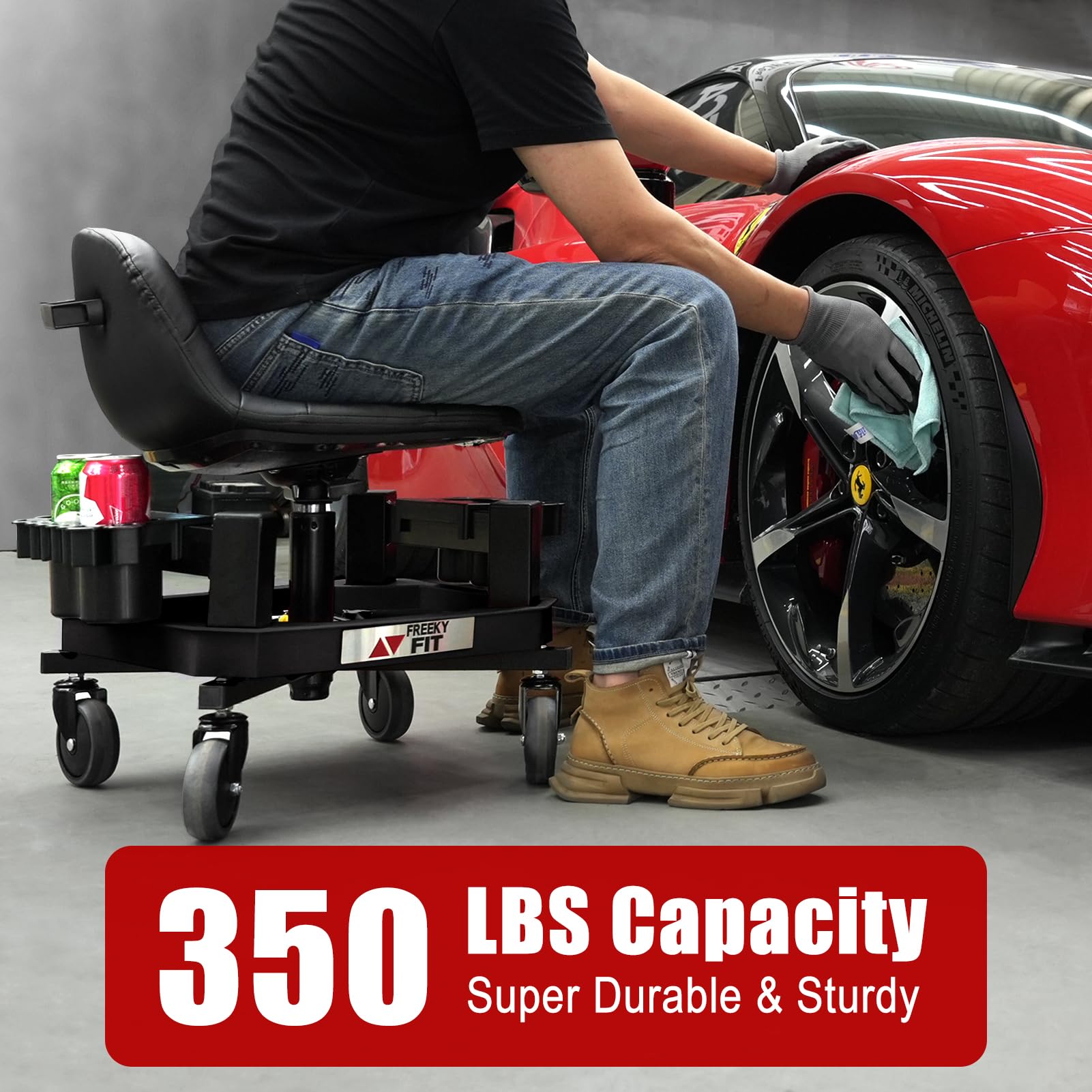 FreekyFit Rolling Stool with Wheels, Adjustable Shop Stool Mechanic Seat, Garage Shop Roller Work Chair, Mobile Rolling Seat wit