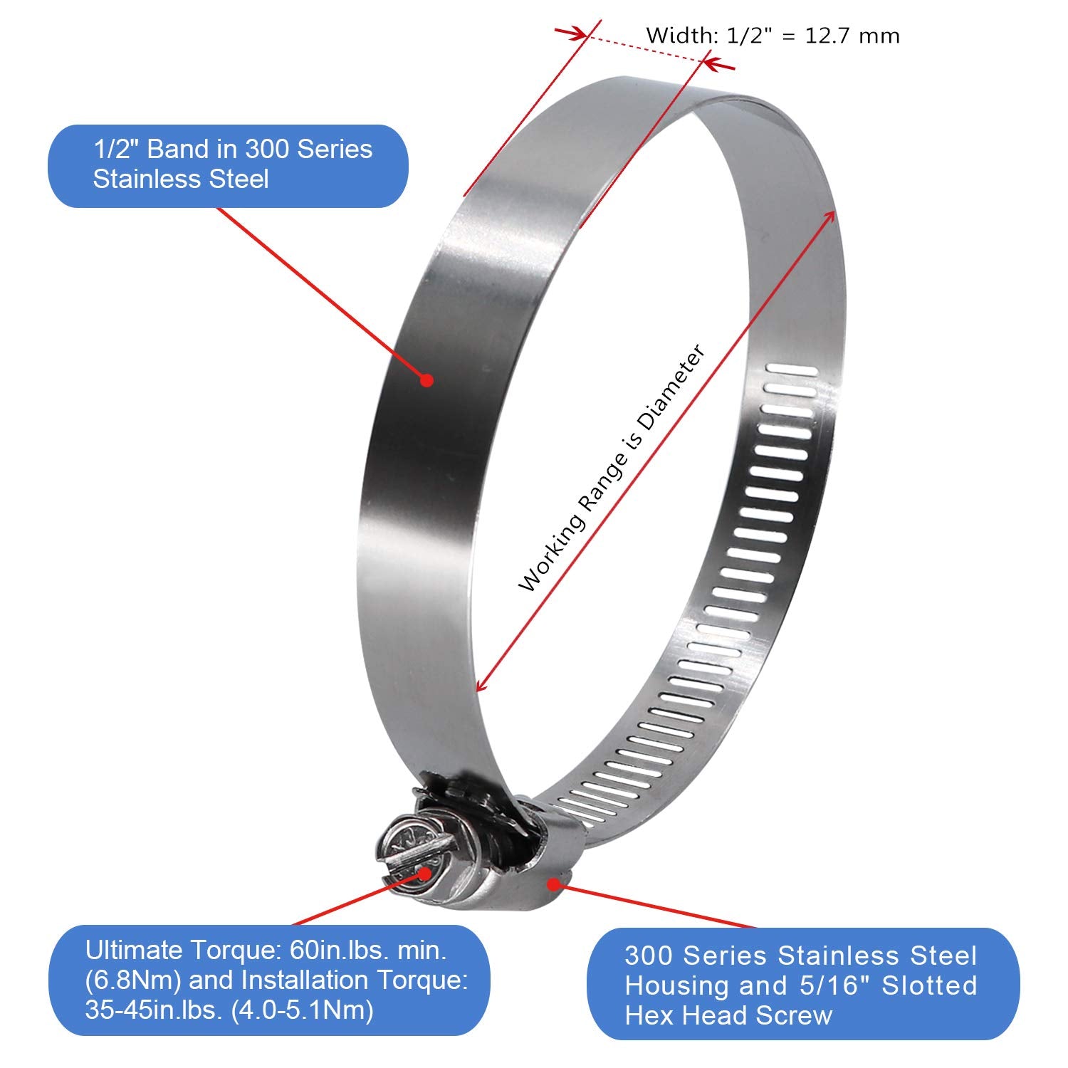 Roadformer 3'' Worm Gear Hose Clamp - Sae 48 Size, Full Stainless Steel With 1/2'' Band Width, Working Range 65Mm - 89Mm Hose Cl