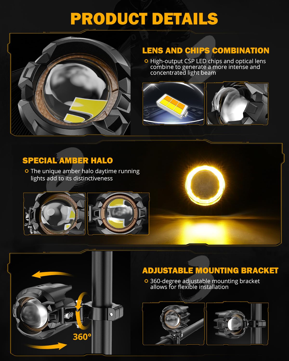 Auxbeam Motorcycle Auxiliary Lights Fog Lights LED Driving Light Spotlight with Halo DRL, White/Amber 8 Modes Dual-Color Strobe