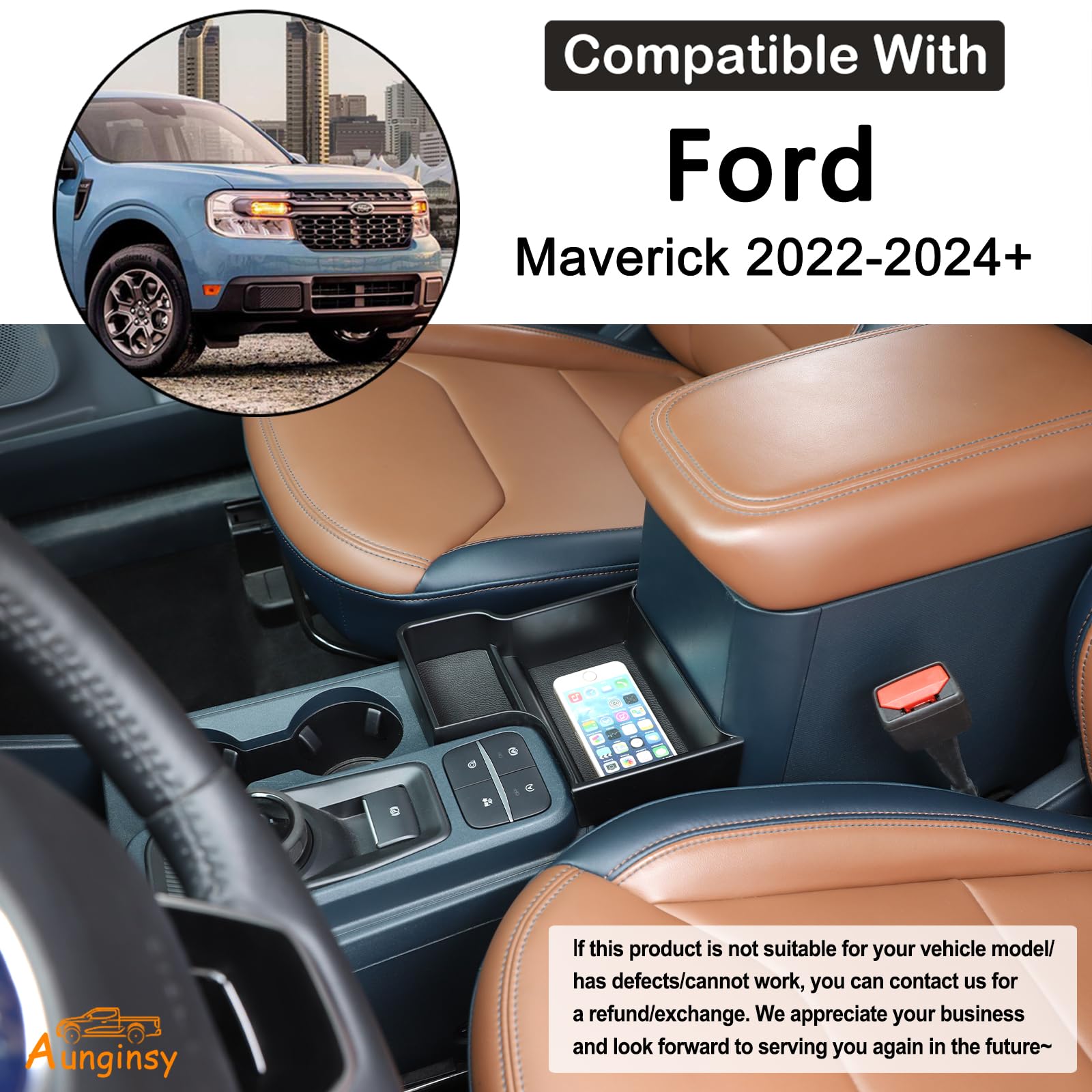 Aunginsy Center Console Storage Box Compatible with Ford Maverick 2022-2024 Pickup Truck Central Control Organizer Tray Front Ar