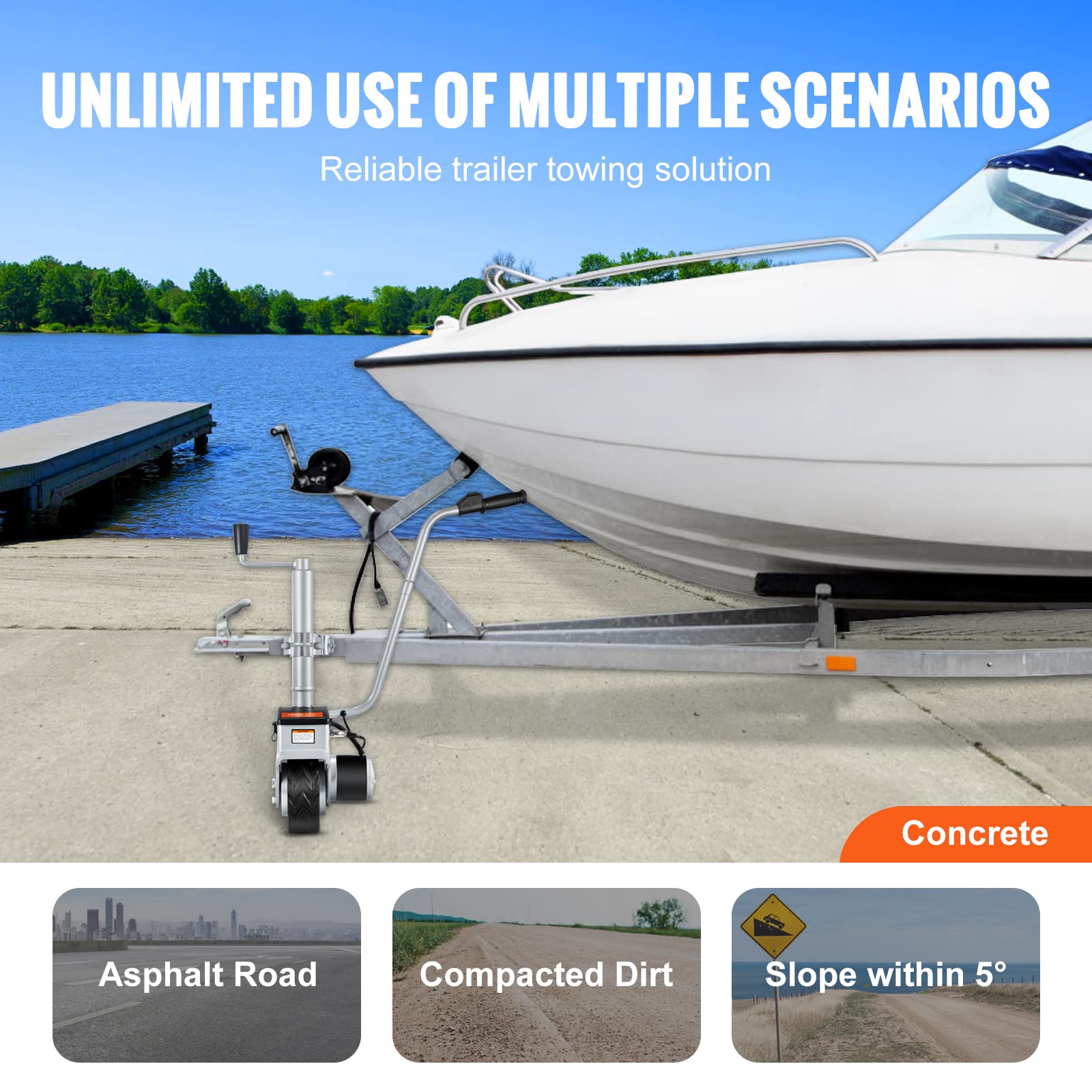 Vevor Electric Trailer Dolly, 5000Lbs Towing Capacity, 350W 12V Trailer Jockey Wheel With 22 Ft/Min Moving Speed, 12''-24.8'' Adjustable Clamp Height & 8'' Rubber Tire, For Moving Trailer Caravan Boat