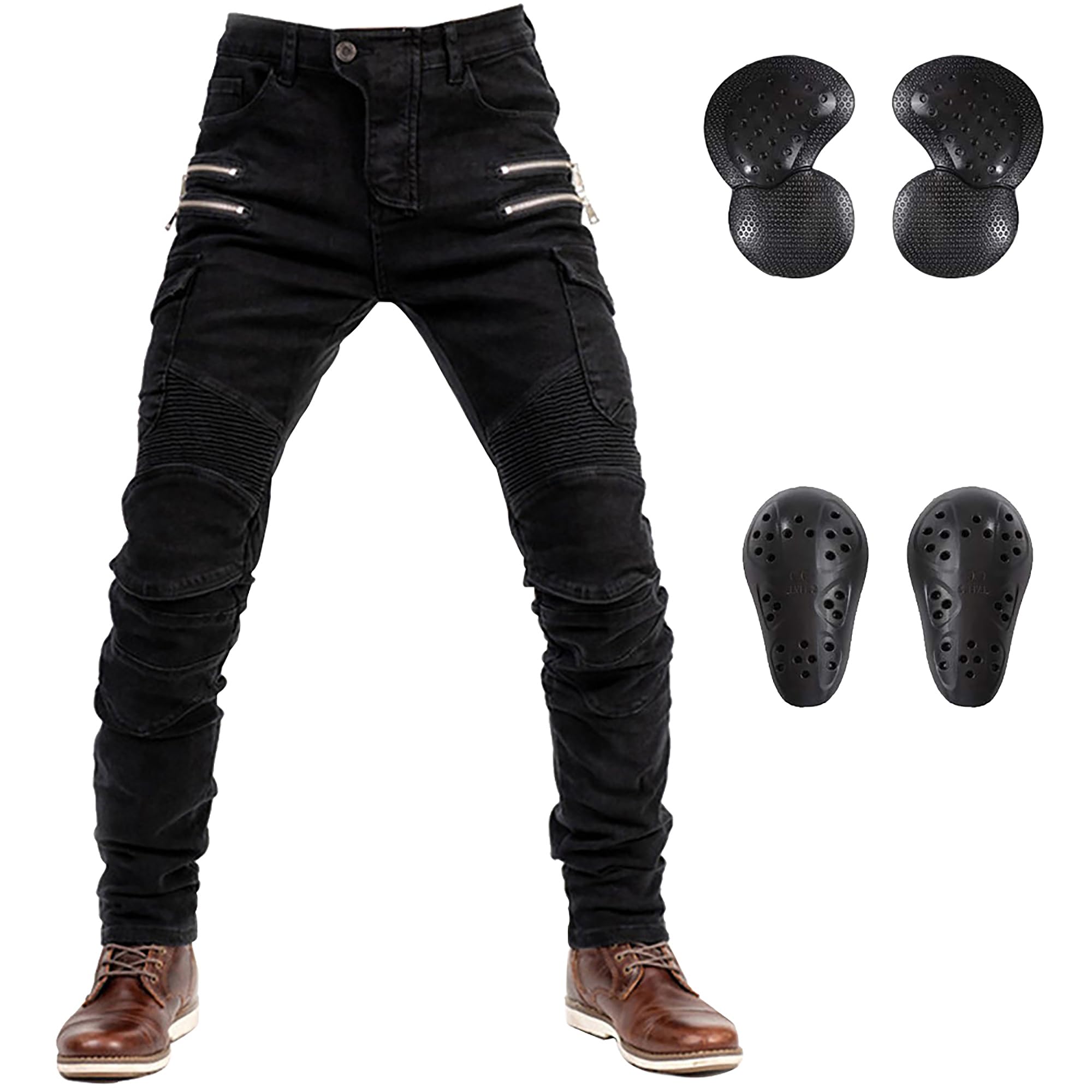 LOMENG Motorcycle Riding Pants Motorbike Motocross Cycling Jeans Safety CE Knee Hip Removable Armored All Seasons for Men Black 