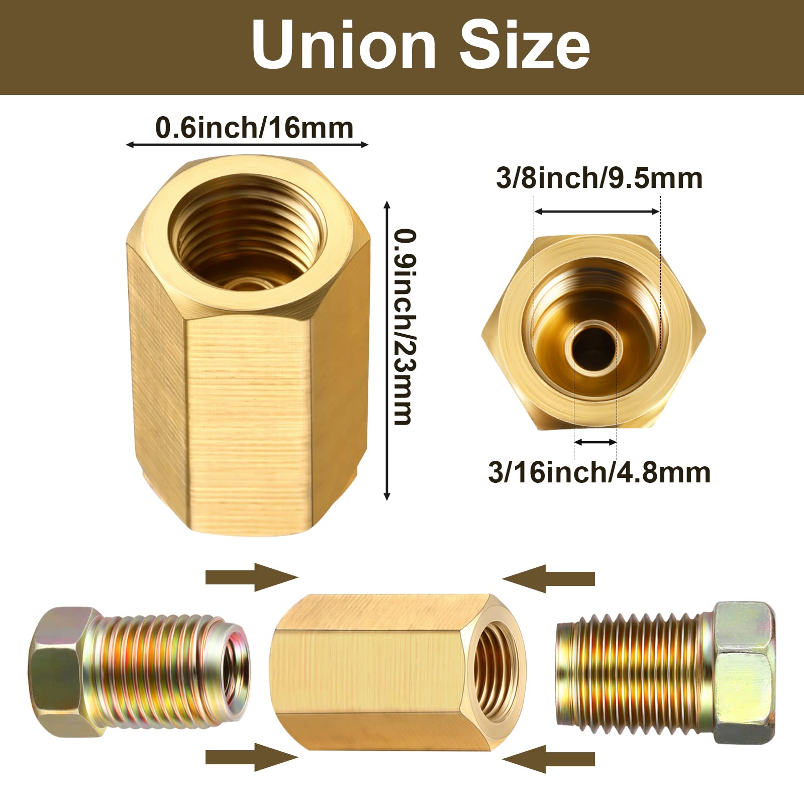Frienda 18 Pieces 3/8 Inch-24 Threads Brake Line Fittings Assortment For 3/16 Inch Tube (6 Unions, 12 Nuts)
