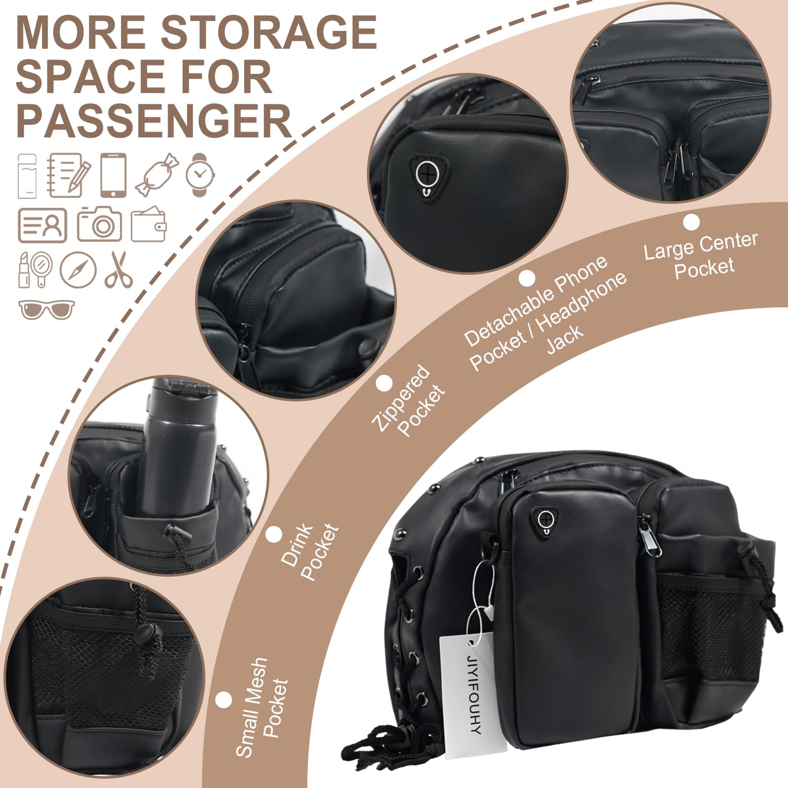 JIYIFOUHY Motorcycle Backrest Bag, Detachable Sissy Bar Organizer, Faux Leather, One Size, Black, Model JY5438032