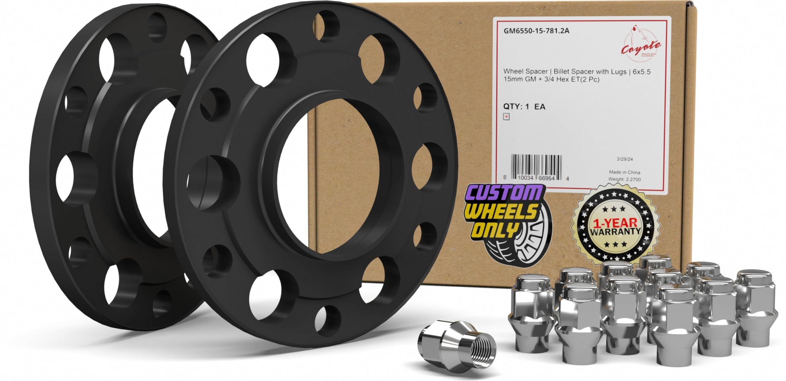 Wheel Accessories Parts 2 Pcs Hub Centric Billet Wheel Spacers Kit with Lugs 15mm Thick 6x5.5 6x139.7 78.10 Hub Includes 12 Pcs 