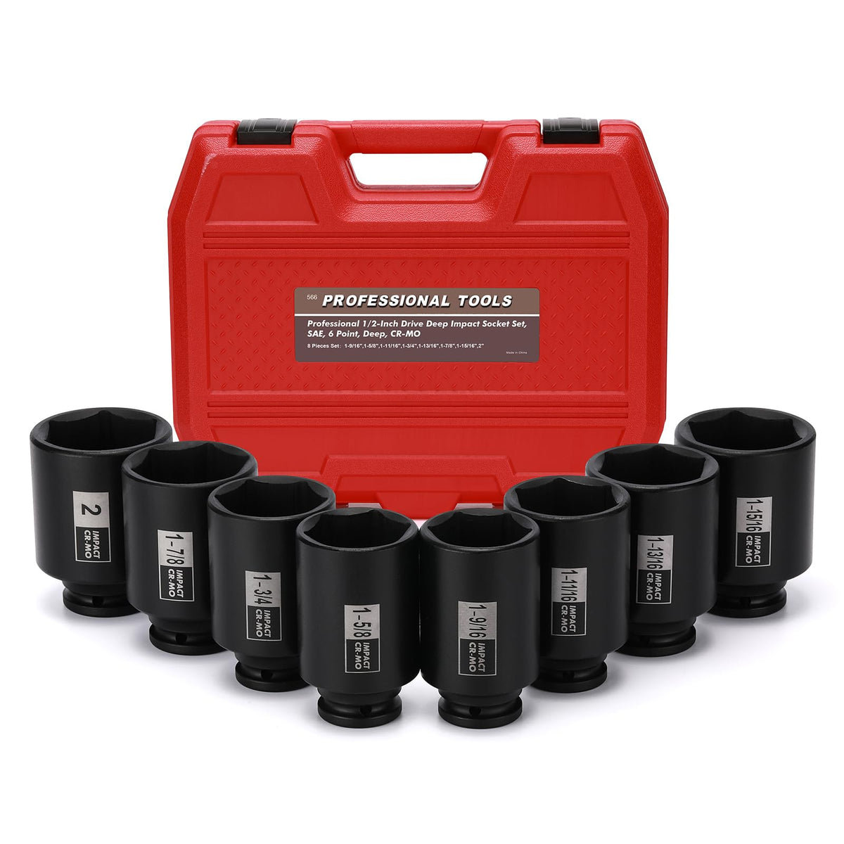 Mayouko 1/2" Drive Spindle Axle Nut Impact Socket Set, Cr-Mo, 6 Point, 1-9/16",1-5/8",1-11/16",1-3/4",1-13/16",1-7/8",1-15/16",2", Sae, 90Mm Length