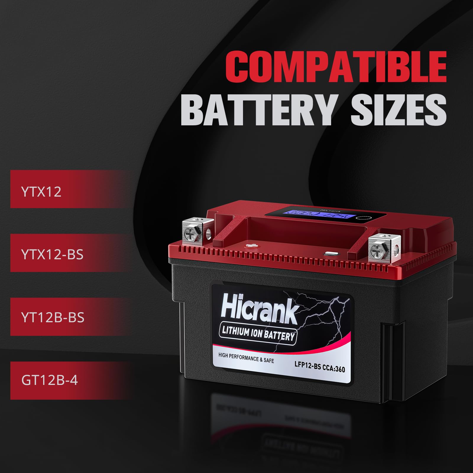 Hicrank YTX12-BS 12V 6Ah,360CCA LiFePO4 Lithium Motorcycle Battery,Powersports Battery for Honda KTM Yamaha Harley Fit ATV, UTV,