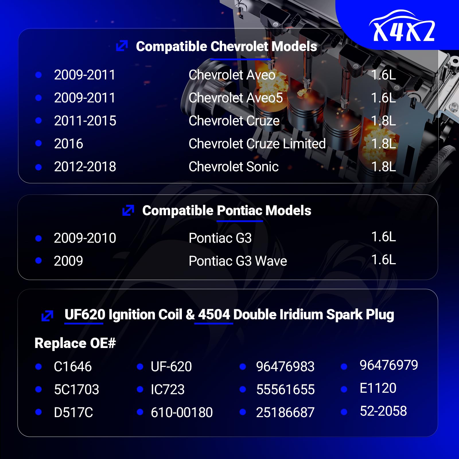 Uf620 Ignition Coil & 4504 Double Iridium Spark Plug For 11-15 Chevy Cruze, 12-18 Chevy Sonic,09-11 Aveo Aveo5 /09-10 Pontiac G3