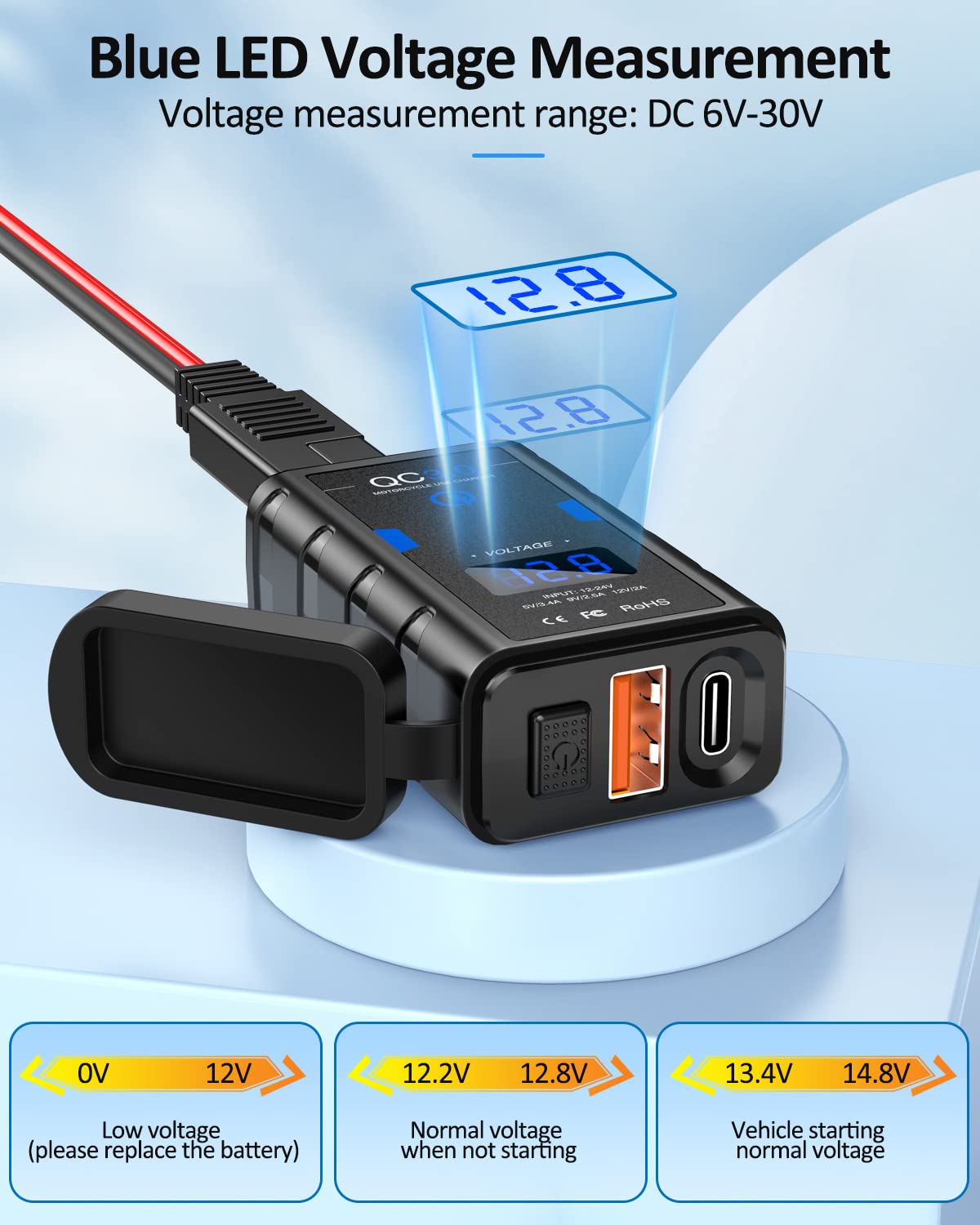 EXTRACTME Motorcycle USB Charger, Upgraded 6.4A Quick Charge 3.0 & Type C PD Dual Phone Charger with Voltmeter, Waterproof Motor