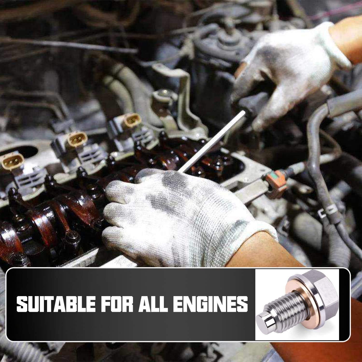 Miytsya Stainless Steel Sump Drain Nut Bolt, 1 PC M14x1.5 Magnetic Oil Drain Plug with 5 PCS Gaskets, Universal for Most Cars Fo