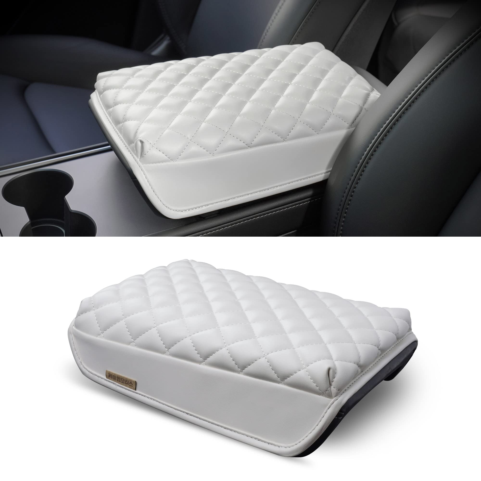 Kmmotors Model Y, Model 3 Center Console Cover Quilting White, Armrest Cushion, Console Protector, Vegan Leather, Tesl* Accessor