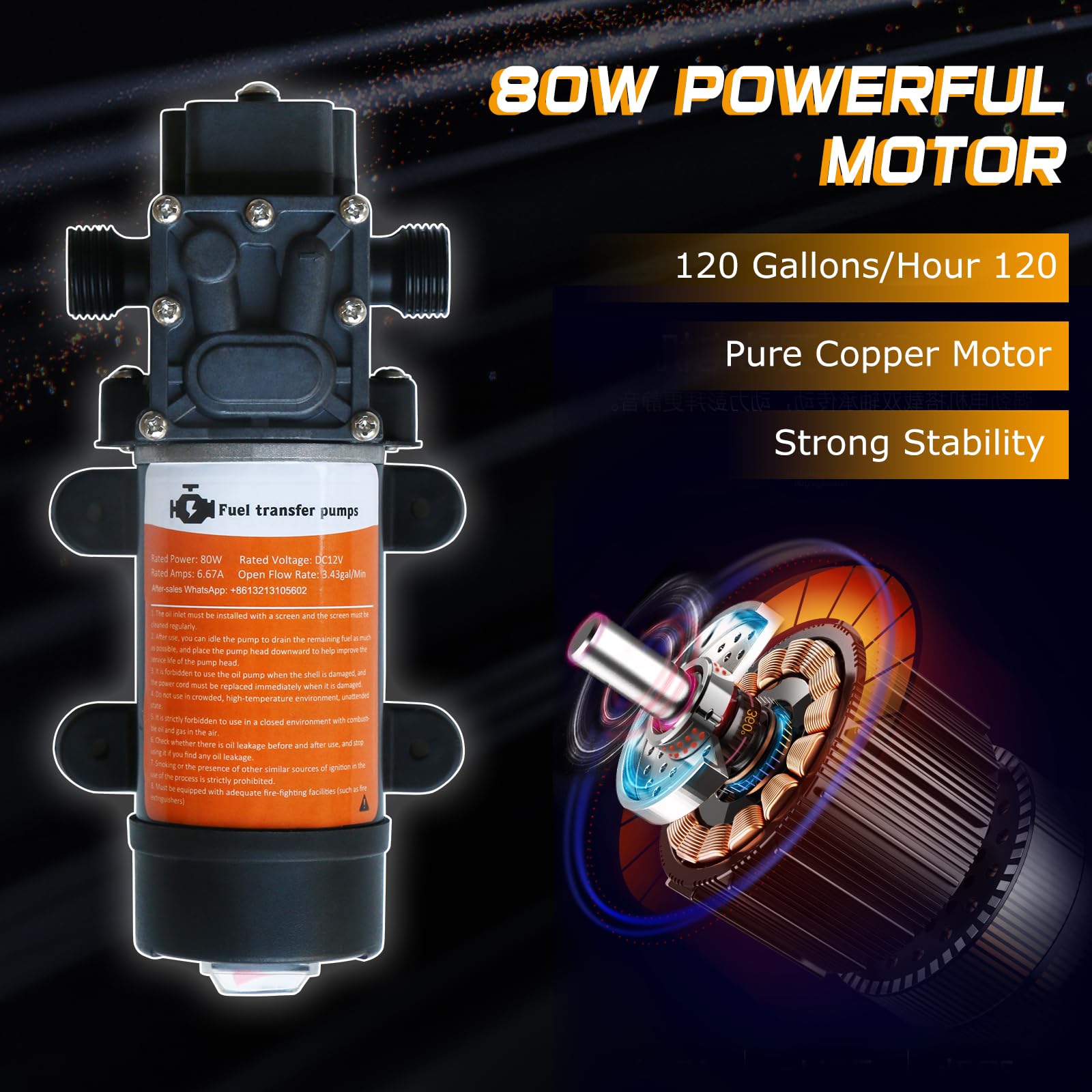 12V Fuel Transfer Pump Set, Moves Up to 120 Gallons of Gas or Diesel Per Hour with 80W DC Motor & Upgraded Carrying Case, Suitab