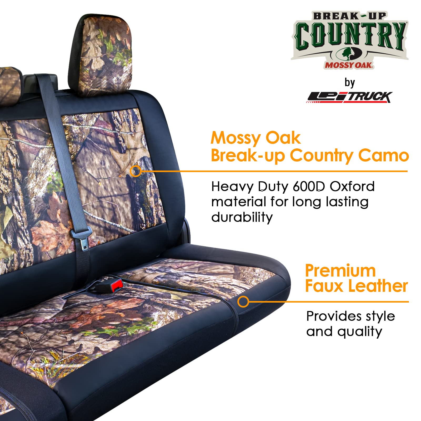 Lpi Truck Mossy Oak Camo Truck Bench Seat Cover Fits All Full-Size Silverado F-150 Ram Sierra Titan Tundra Pickup Trucks; Folding Bench Or Standard Bench Seats; 600D Oxford Fabric With Faux Leather