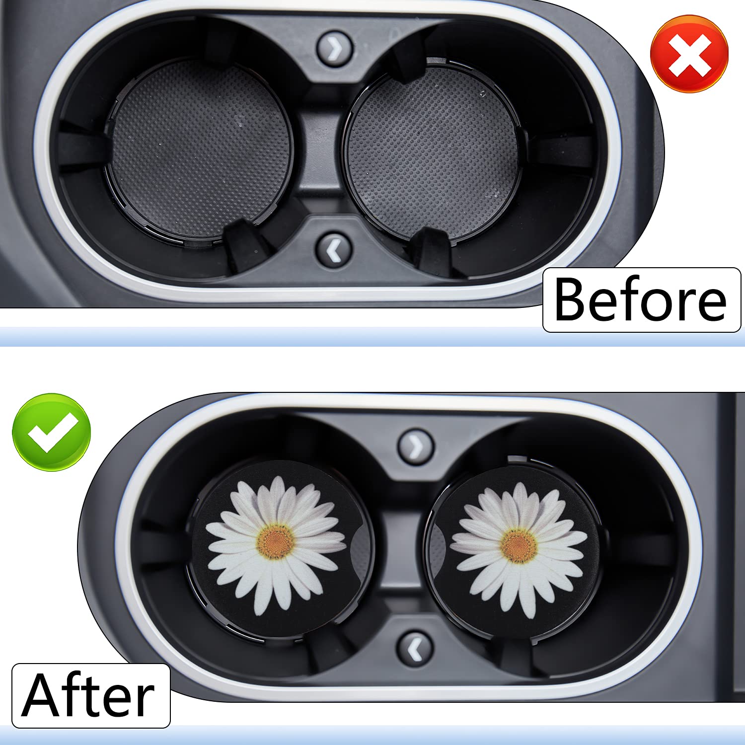 Jupswan Car Cupholder Coaster Absorbent 2 Pack Cute Funny Fun Trendy White Daisy Design Rubber New Automotive Cup Holder Decal D