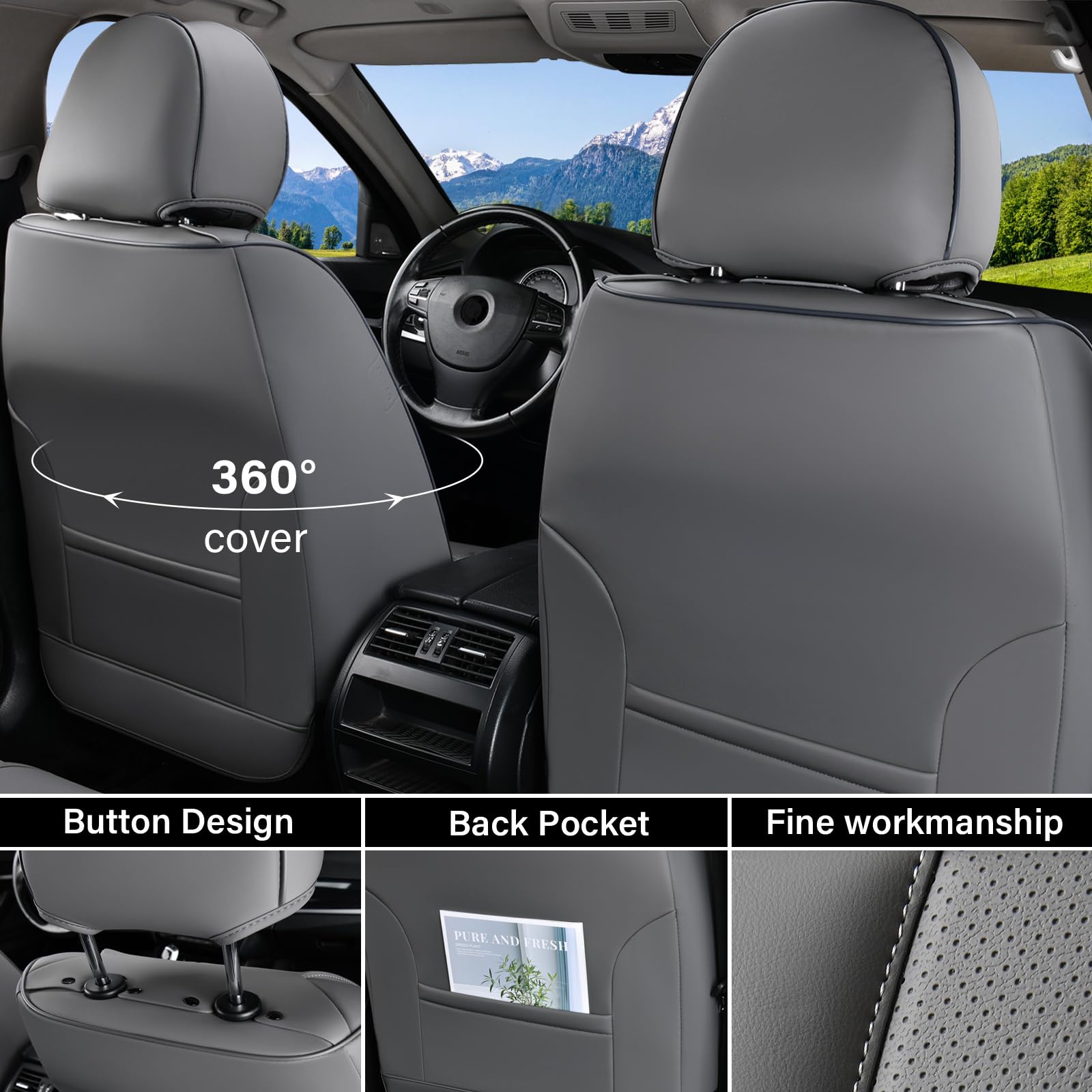 Coverado Car Seat Covers Full Set, Seat Covers For Cars, Gray Car Seat Cover, Car Seat Protector Waterproof, Nappa Leather Car S