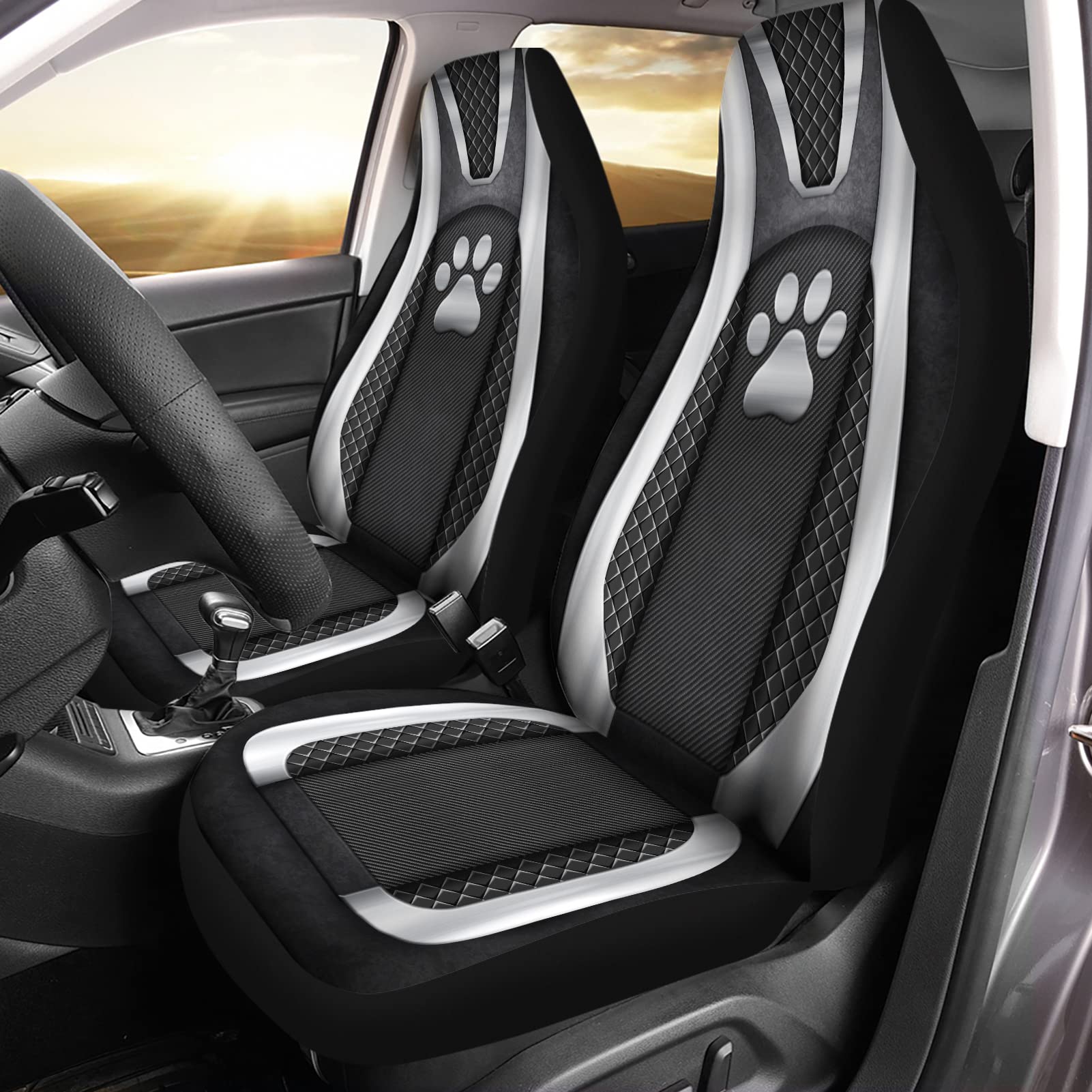 Howilath Silvery Dog Paw Print Car Front Seat Covers Set of 2, Non Slip Auto Seat Covers Accessories Strength Seats Cushion Univ