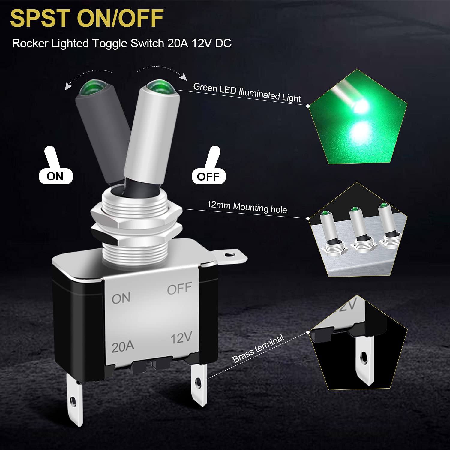 Twidec/3Pcs Rocker Lighted Toggle Switch 12V 20A Heavy Duty Racing Car Automotive Auto Spst On/Off Toggle Switch Green Led Illuminated 3Pin Asw-07Dg