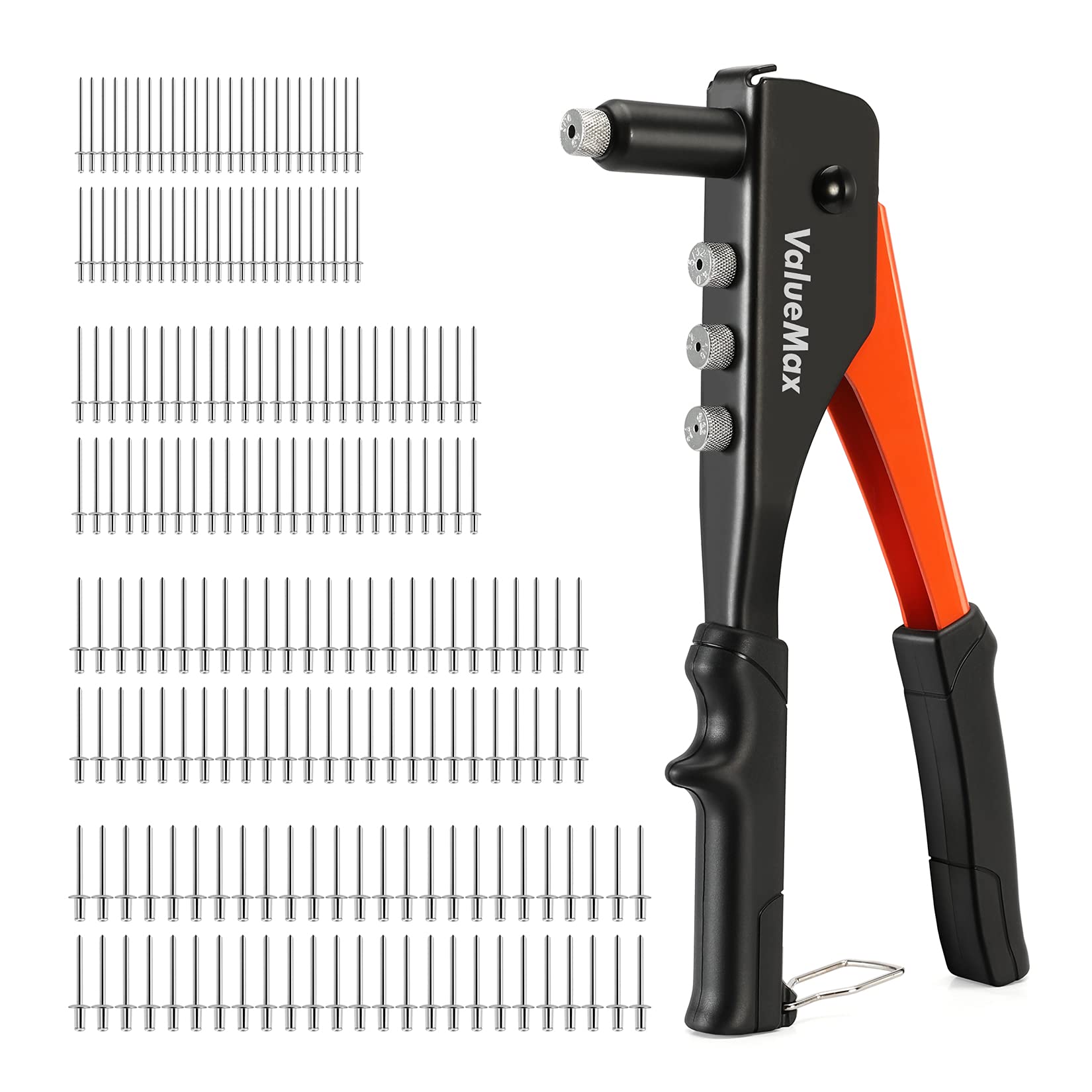 Valuemax 4-In-1 Hand Riveter/Rivet Gun, Pop Rivet Tool Kit With 200 Rivets - 3/32-Inch, 1/8-Inch, 5/32-Inch, 3/16-Inch, 4 Interc