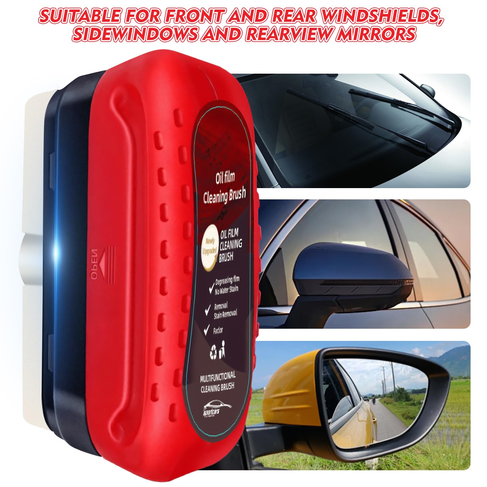 Automotive Oil Film Cleaning Brush with Reusable Foam Sprayer, Upgraded Antifog Glass Cleaning Board, Glass Oil Film Remover for