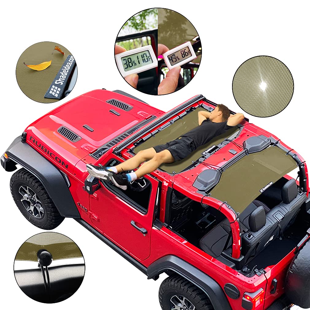 Shadeidea Jl Sun Shade Top For Jeep Wrangler 2 Door Top Sunshade (2018-2023), Front & Rear - Tank Green Mesh Screen Wrangler Sof