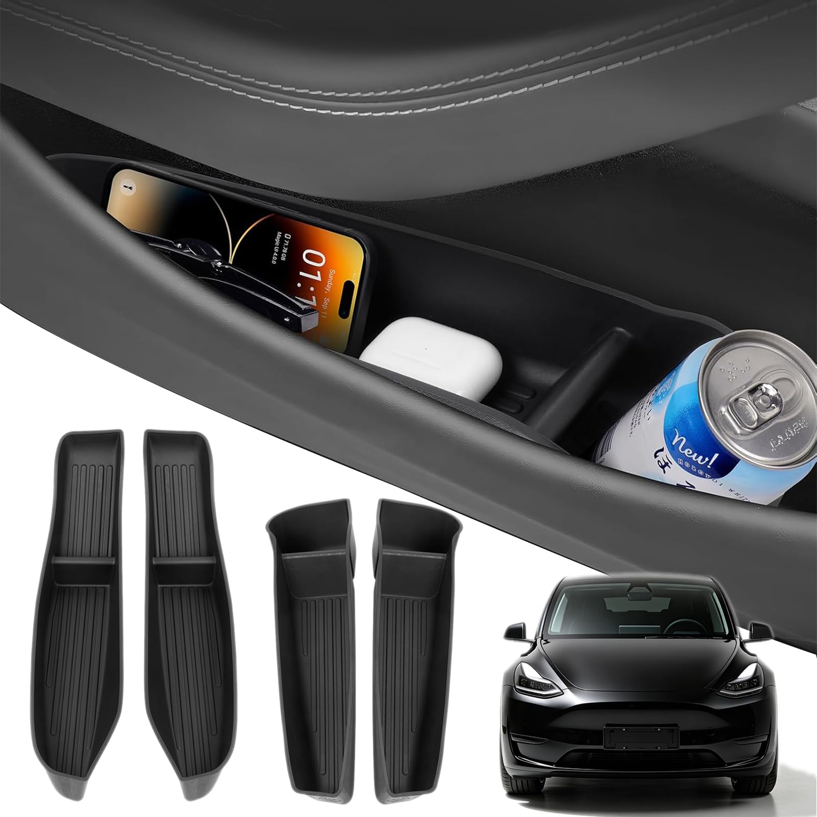 Canvcle Car Door Side Storage Box for New Tesla Model Y Juniper 2025 2026 Accessories - Waterproof TPE Front Rear Door Insert Tr
