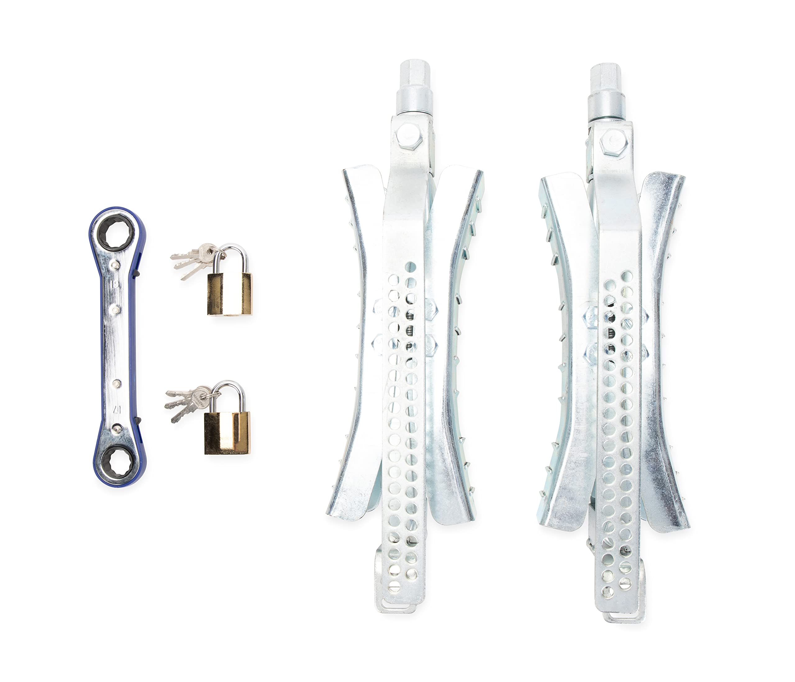 Camco Eaz-Lift 10-Inch Metal Wheel Stop With Wrench And Lock For Rvs - Fit A Tire Spacing 3 To 10-Inches - 2-Pack (44661)