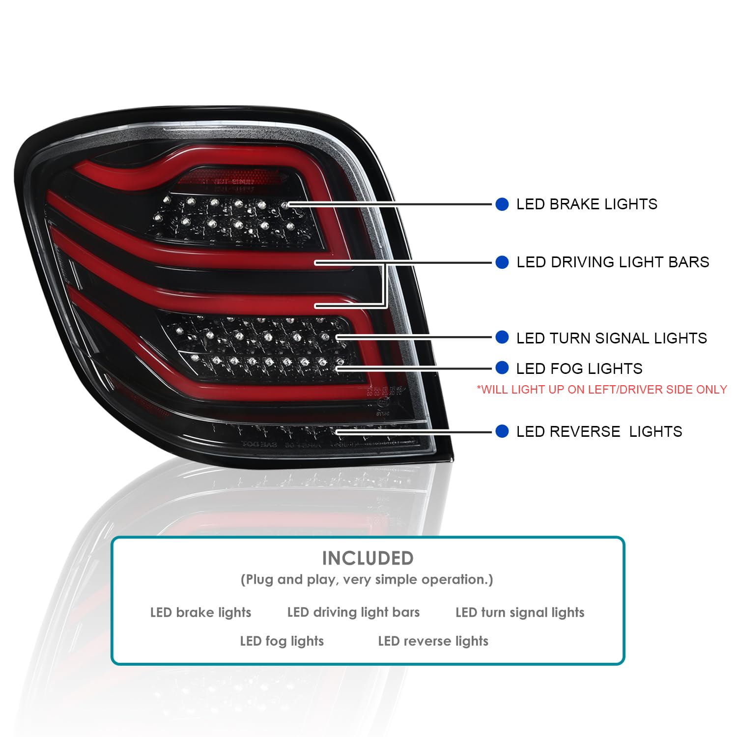 SPEC-D Tuning Tail Lights for 2006-2011 Mercedes-Benz ML-Class, Jet Black Housing, Clear Lens, Red LED Bar, Left + Right Pair