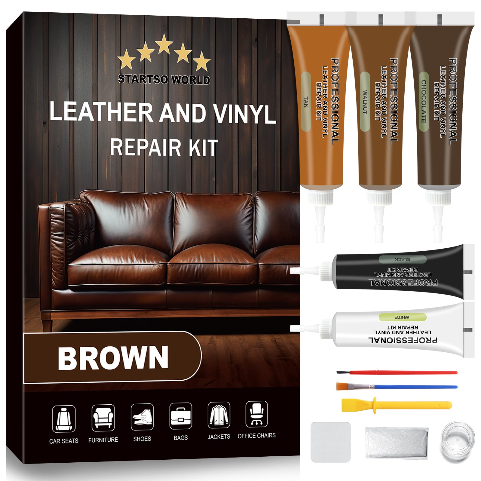 Startso World Brown Leather & Vinyl Repair Kit For Furniture, Couches, Car Seats, Sofas, Boat Seats, Jackets With Easy Instructi