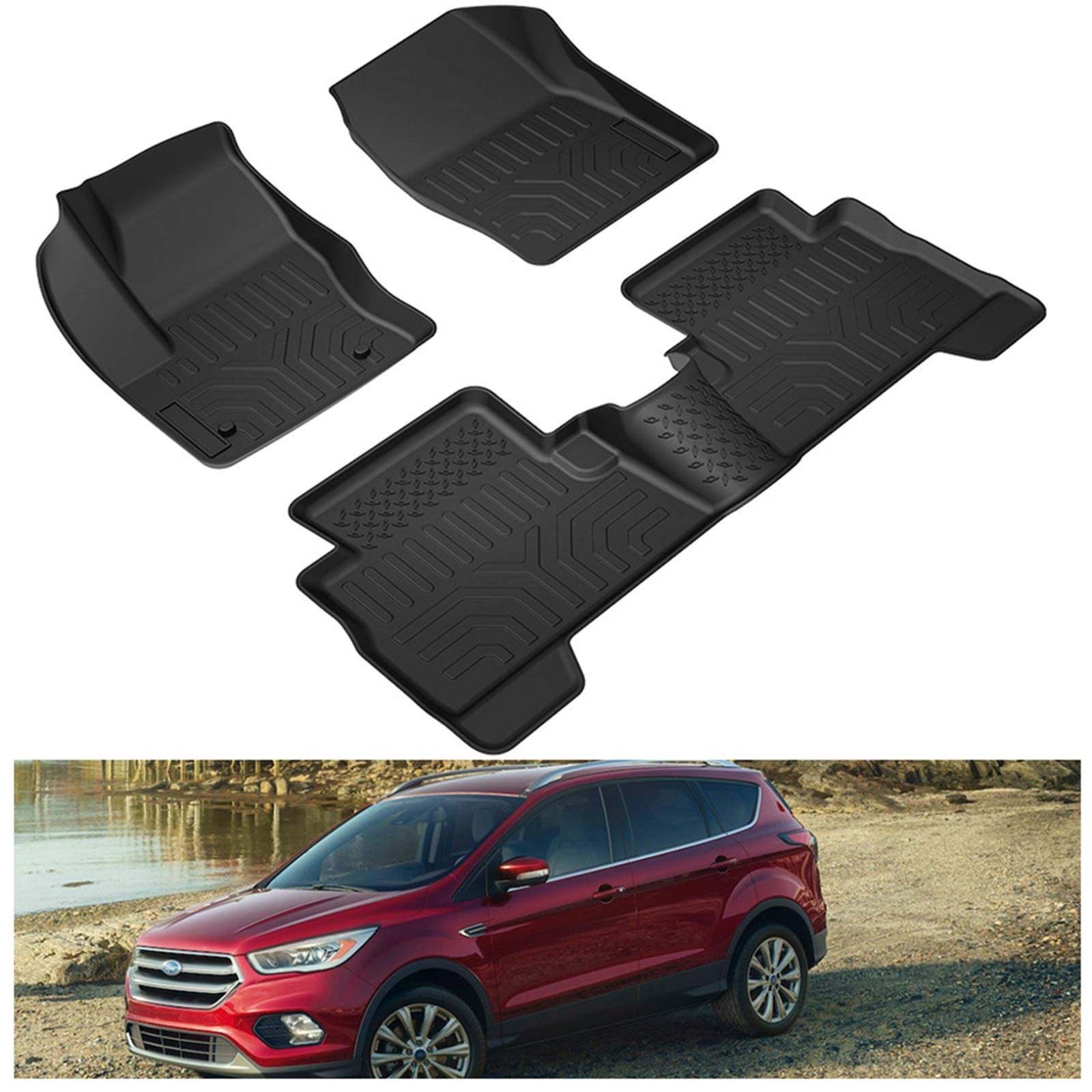 KIWI MASTER Floor Mats for 2013-2019 Ford Escape/C-Max All Weather Mat Liners Front Rear 2 Row Seat TPE Slush Liner Black