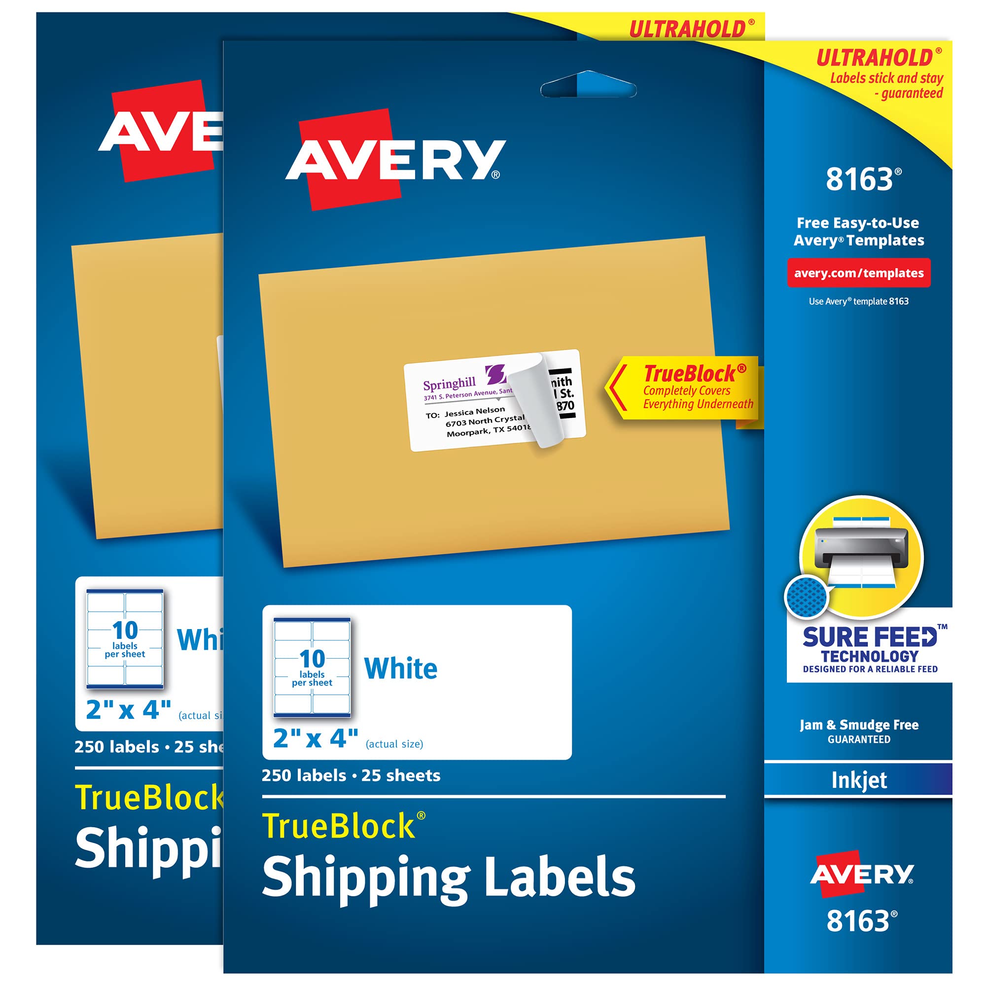 Avery Shipping Labels with TrueBlock, 2 x 4 Blank Labels, Inkjet Printable Labels, Pack of 250, 2 Packs, 500 Labels Total (8163)