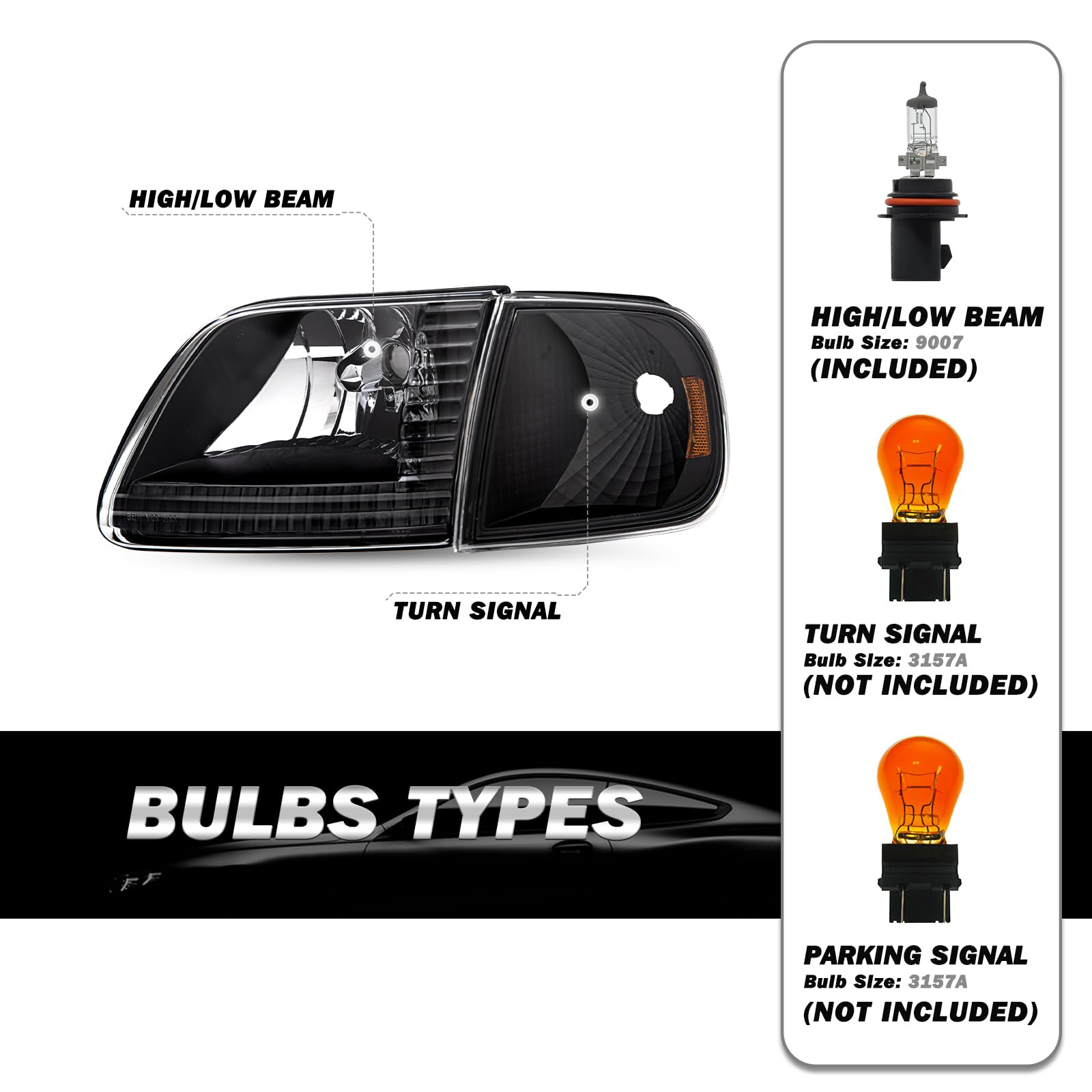Sockir Headlight Assembly W/Bulbs Fit For Ford 1997-2003 F150 / 2004 F150 Heritage / 1997-2002 Expedition / 1997-1999 F250 Light Duty W/Corner Lights 4Pcs, Black Housing With Amber Reflector