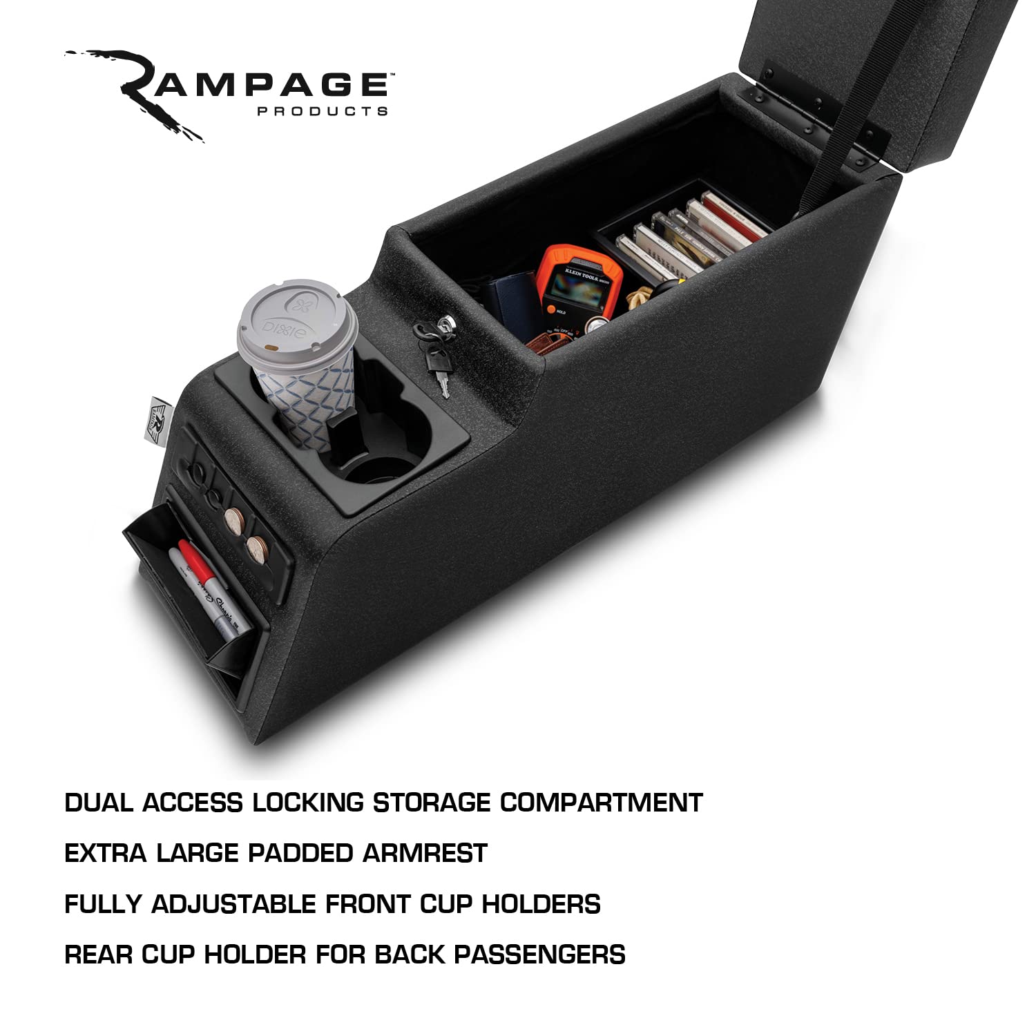 Rampage Products Locking Center Console For Jeep Cj | Black Denim | 31515 | Fits 1976-1983 Jeep Cj5 / 1976-1986 Jeep Cj7 / 1987-