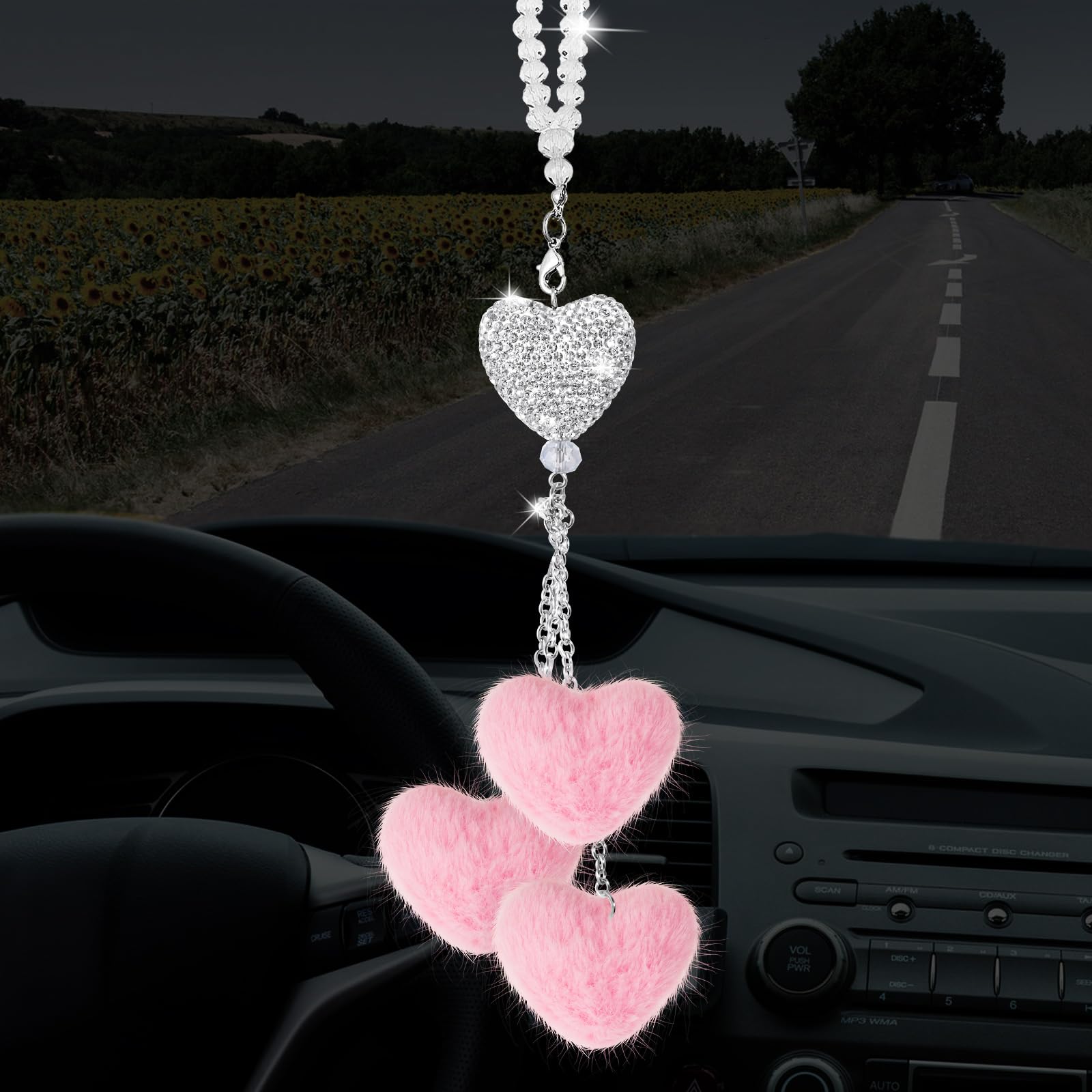 Frienda Bling Diamond Heart Car Rear View Mirror Accessories For Women Valentine Car Accessories Crystal Mirror Hanging Charms D