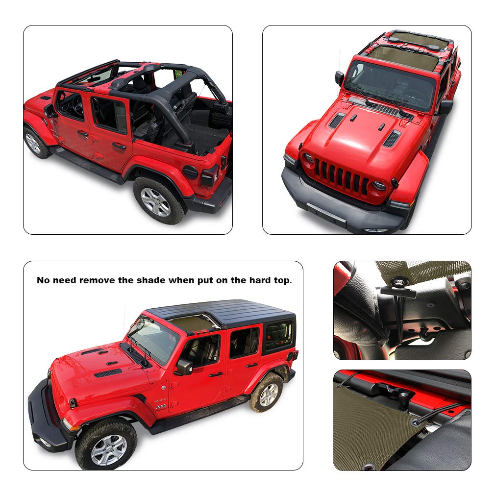 Shadeidea Sun Shade Top For Jeep Wrangler, Jl (2018-2023) 4 Door Top Sunshade, Front & Rear - Tank Green Jlu Mesh Screen Cover,