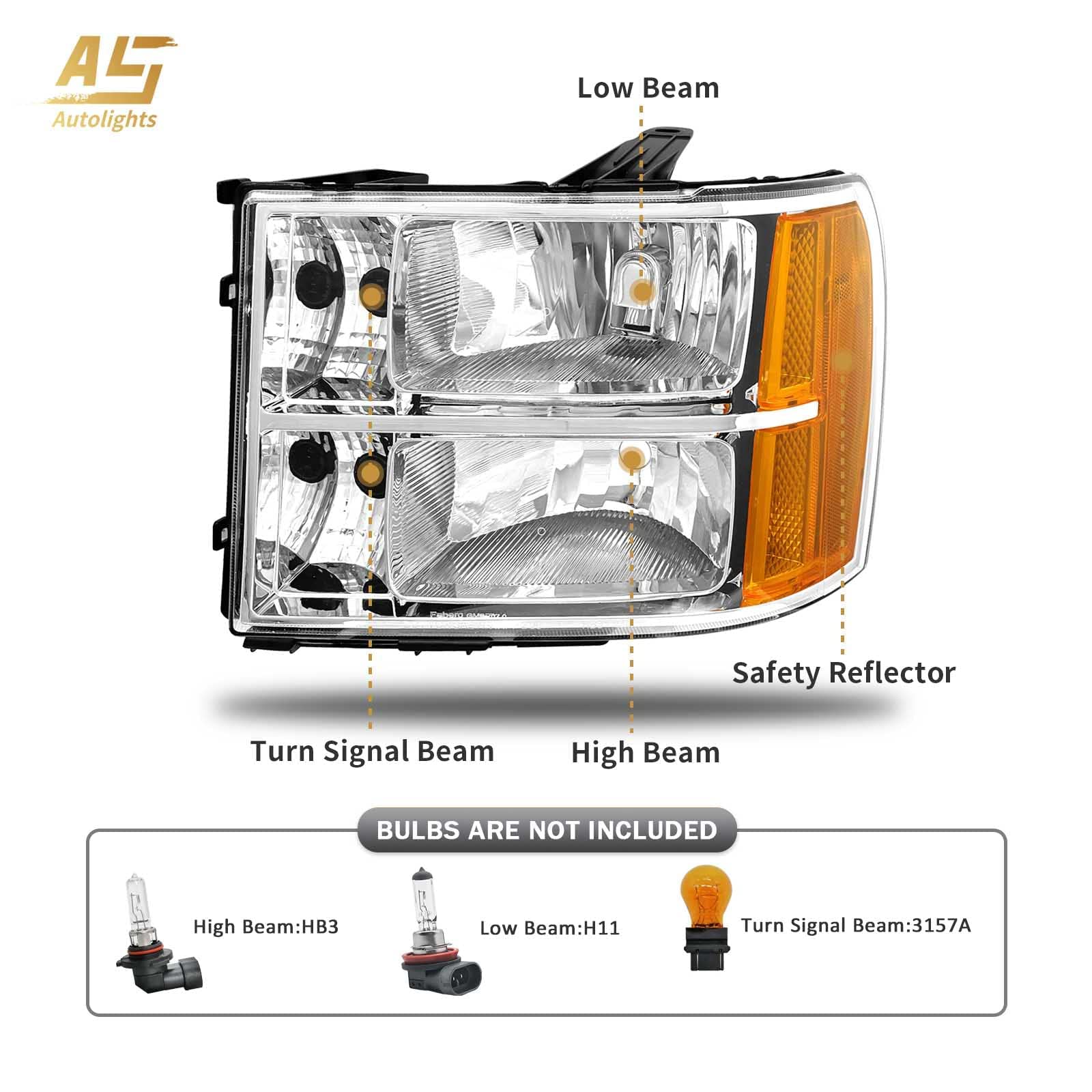As Headlights For 2007 2008 2009 2010 2011 2012 2013 Gmc Sierra Headlights For 07-13 Sierra 1500/07 08 09 10 11 12 13 14 Sierra 2500 Hd/3500 Hd With Chrome Housing Amber Reflector Clear Lens Pair