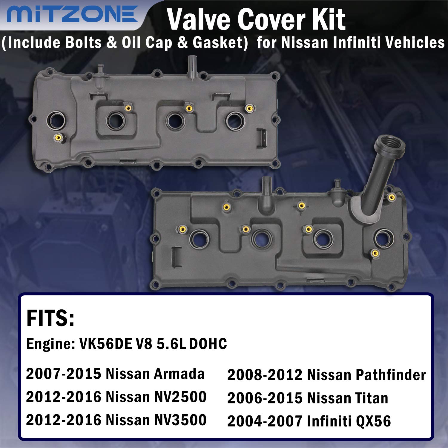 Valve Cover Set With Bolts & Oil Cap & Gaskets & Spark Plug Tube Seals & Pcv Valve Compatible With 2004-2016 Nissan Armada Nv2500 Nv3500 Pathfinder Titan Infiniti Qx56 5.6L # 13264-Ze01A 13264-Ze00A…