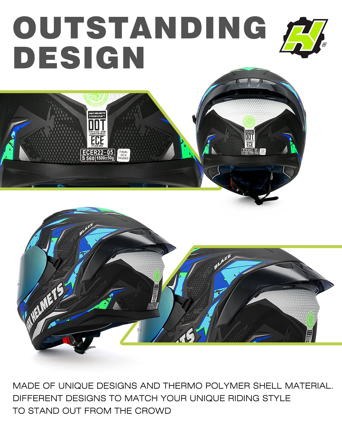 Hax Obsidian Full Face Dual Visor Adult Motorcycle Helmet For Motorbike Street Bike With Pinlock Ready Dot Approved (Blaze Blue,Xl)