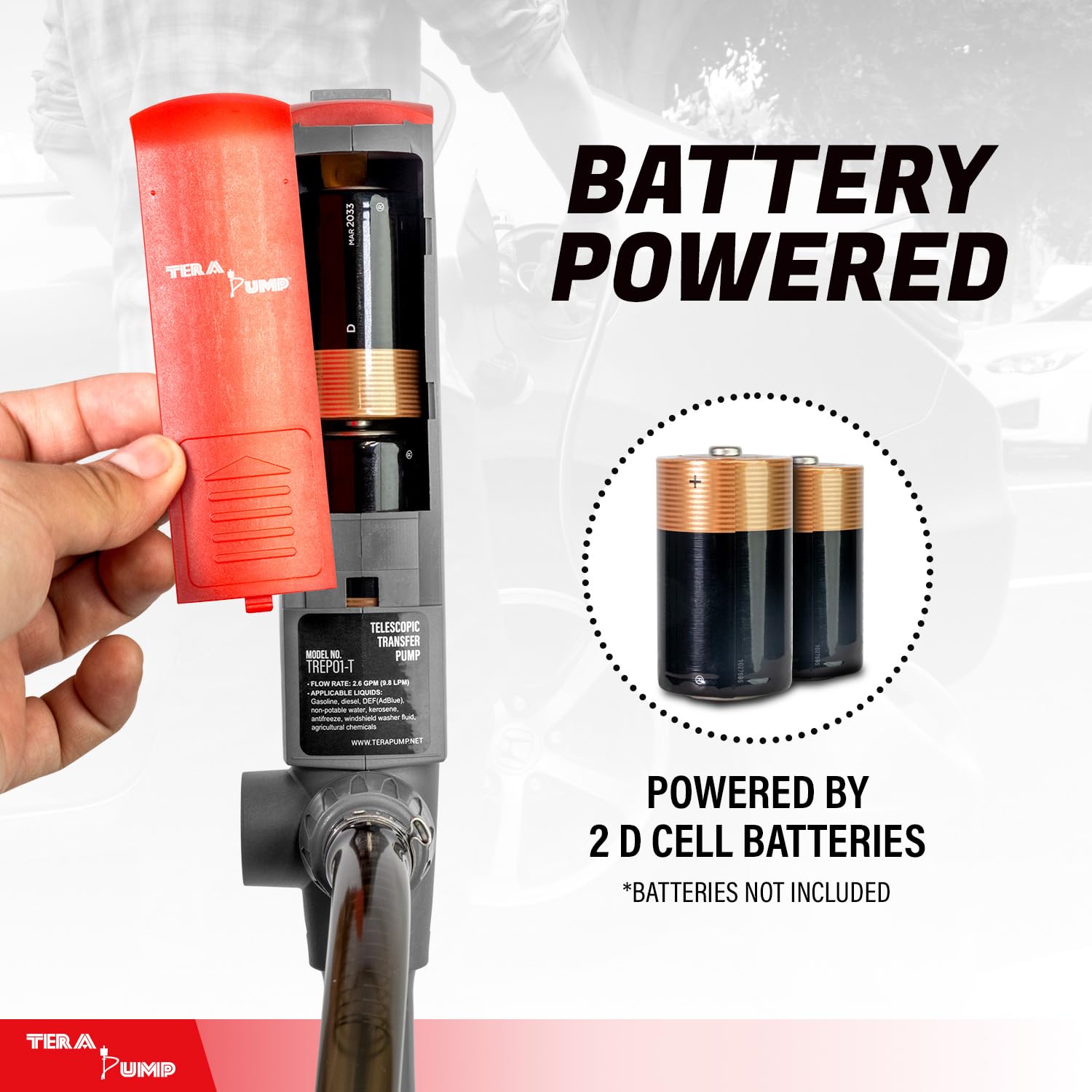 TERA PUMP Fuel Transfer Pump w/Quick Flow Control Nozzle & Telescopic Tube - 3X Powerful D Battery Powered, 39 Vinyl Discharge