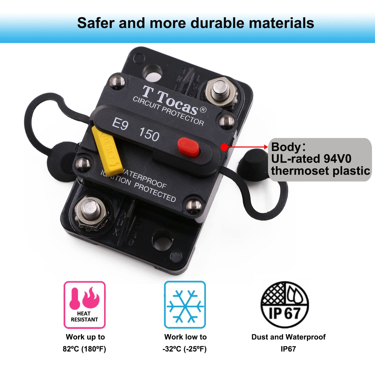 T Tocas 150 Amp Car Audio Circuit Breaker 12V - 48V Dc With Led Indication Waterproof 150A T3 Switchable Resettable