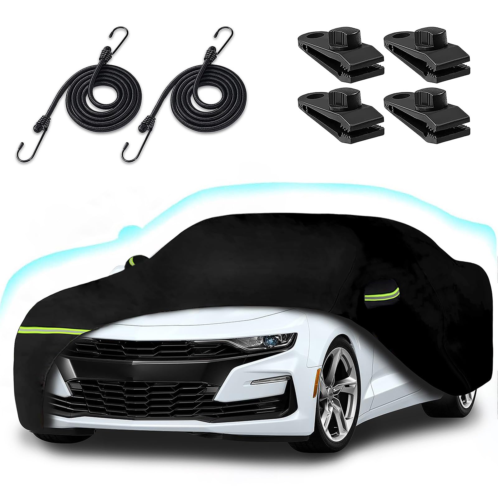 for 2010-2025 Chevy Camaro Waterproof Car Covers, 210T All Weather Protection Full Car Cover with Windproof Gust Strap and Zippe
