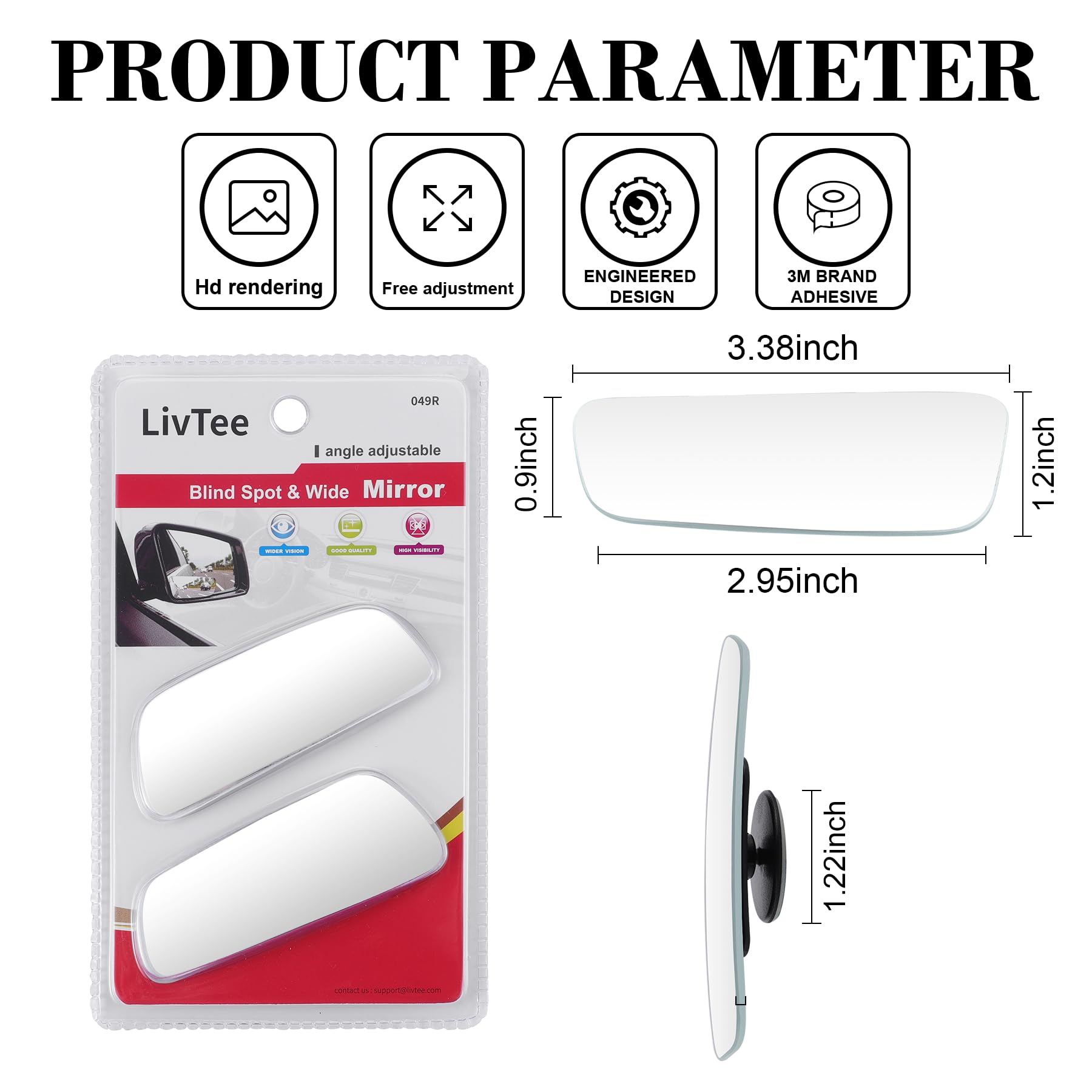 Livtee Blind Spot Mirror, Rectangular Shaped Hd Glass Frameless Convex Rear View Mirror With Wide Angle Adjustable Stick For Car