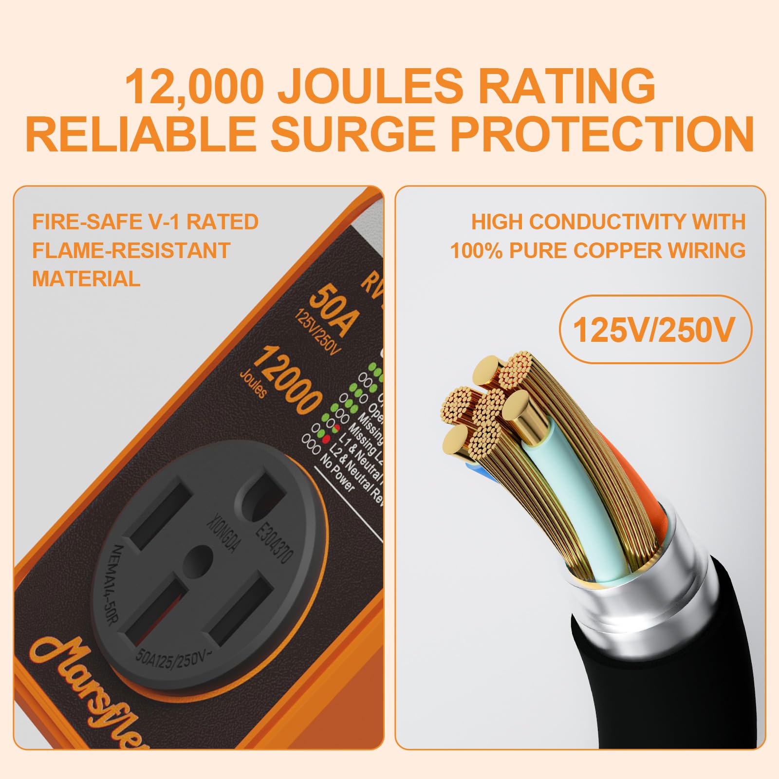 Marsflex Rv Surge Protector, 50Amp Rv Circuit Analyzer, 12000 Joules Surge Guard Protection With Waterproof Cover, Led Display,