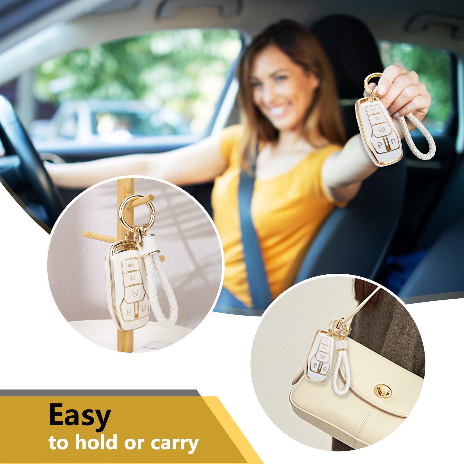 Ctrinews For Ford Key Fob Cover With Metal Braided Keychain, Upgraded Soft Case For Fusion Mustang F150-350 Edge Explorer Lincol